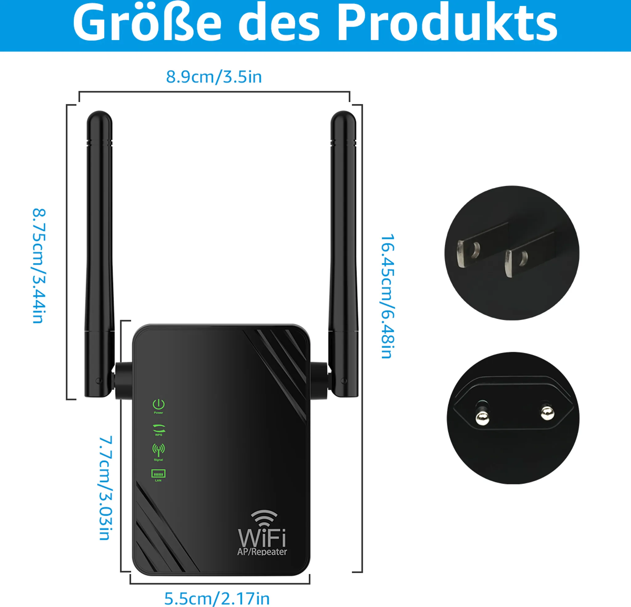 Schwarzer WLAN-Repeater mit Größenmarkierungen und Steckdetails.