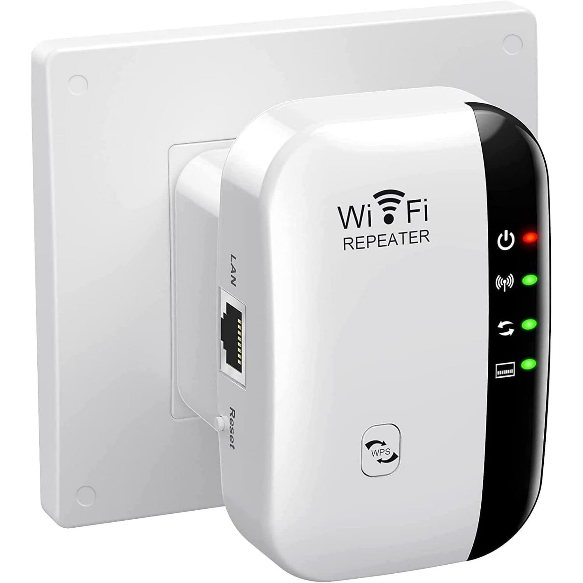 Ein weißer WLAN-Repeater, der in eine Steckdose gesteckt ist, mit Kontrollleuchten und einem LAN-Anschluss.