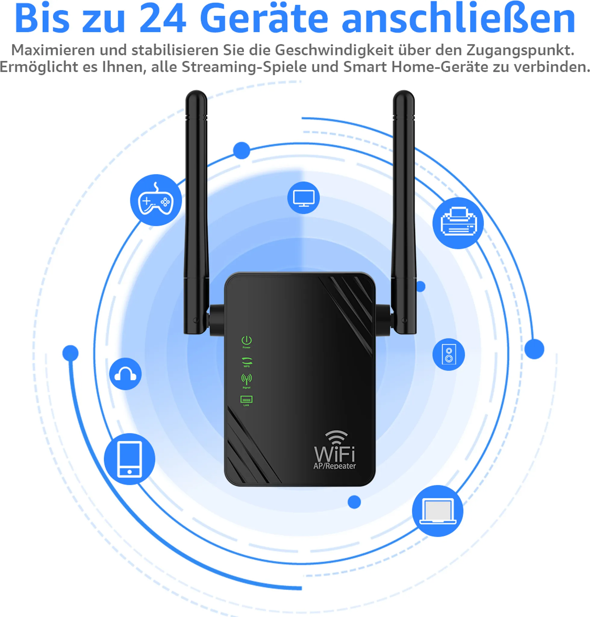 Ein schwarzer WLAN-AP/Repeater mit Antennen, umgeben von Symbolen für Geräte und Konnektivität.