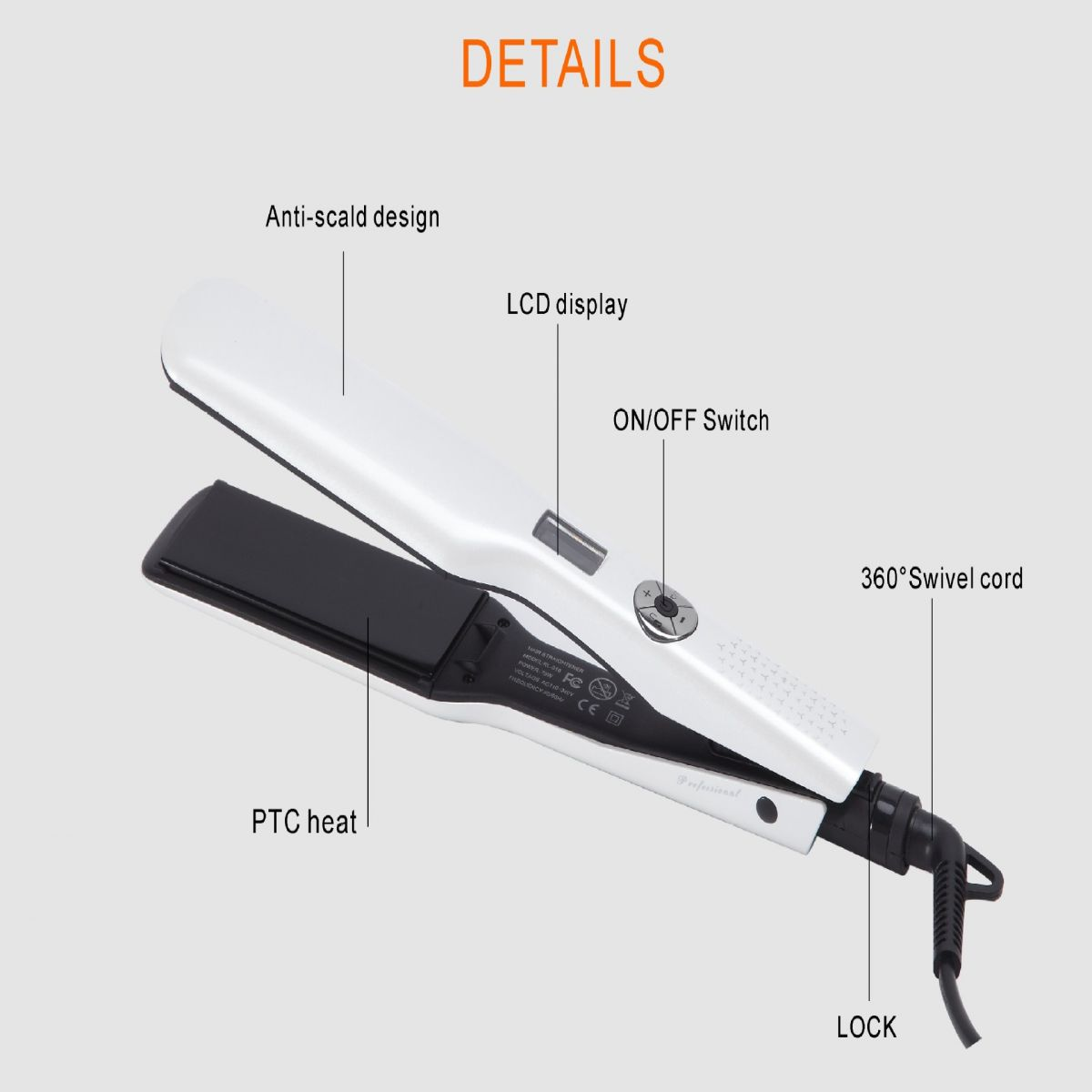 Ein weißer Haarglätter mit Details: PTC-Heizung, LCD-Anzeige, Ein-/Ausschalter und ein 360°-Drehkabel.