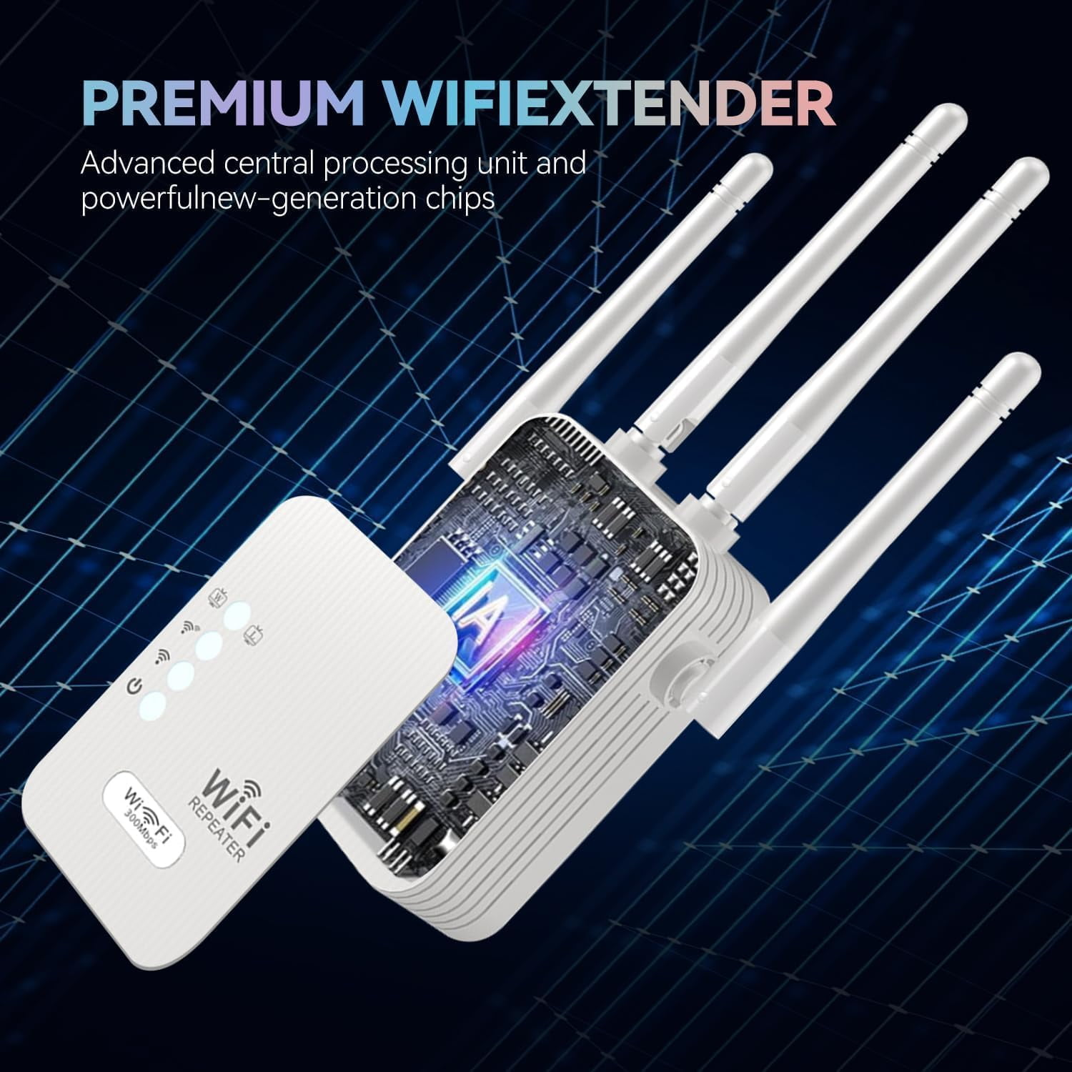 Weißer WLAN-Extender mit Antennen und sichtbarer Platine. Text: Premium WiFi Extender.