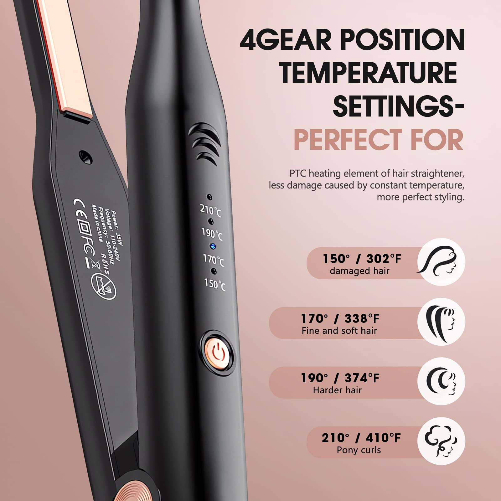 Schwarzer Haarglätter mit Temperatureinstellungen: 150°C, 170°C, 190°C, 210°C und Bilder zum Haarstyling.