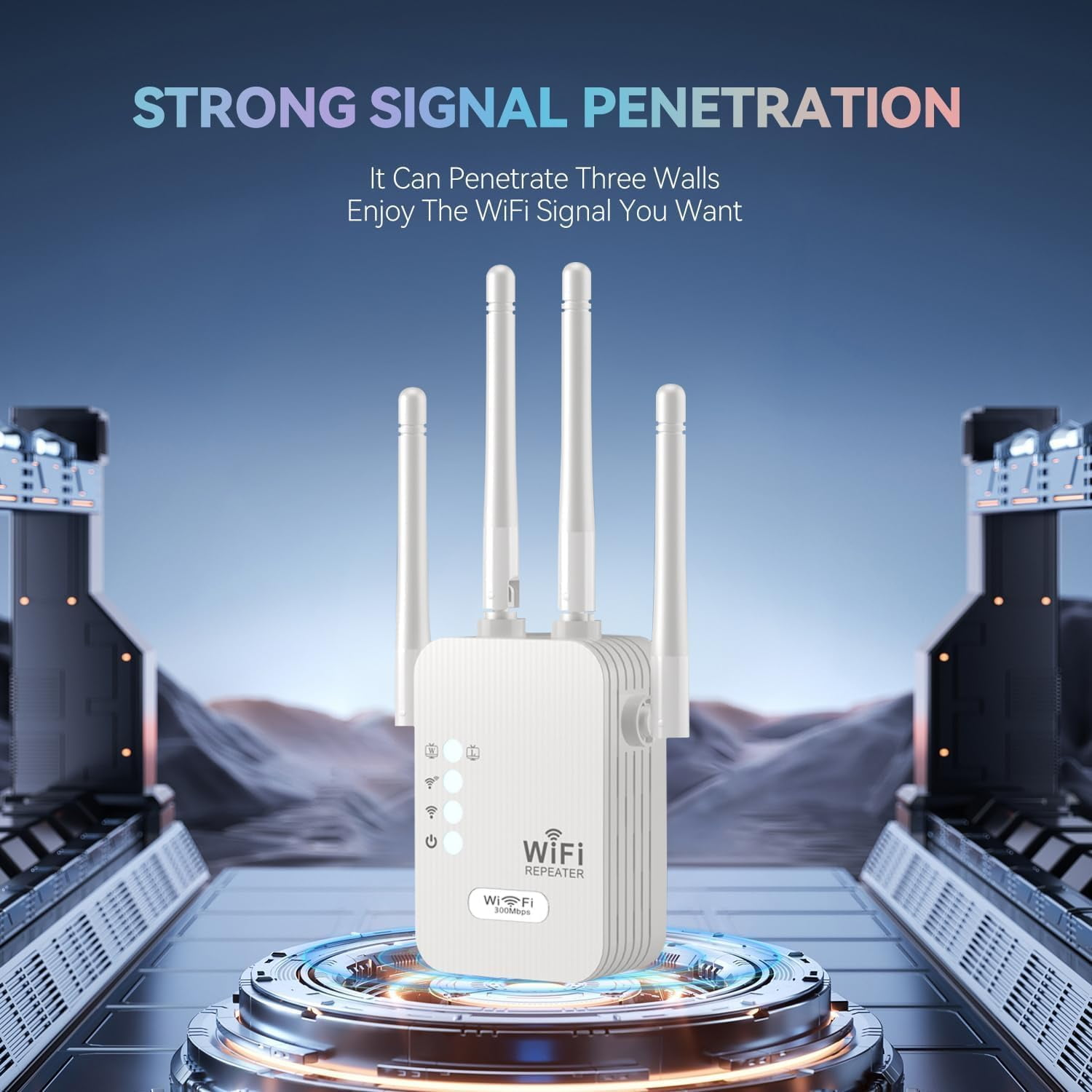 Weißer WLAN-Repeater mit Antennen auf einer glänzenden Plattform. Text lautet 'STRONG SIGNAL PENETRATION' und 'WIFI REPEATER'.