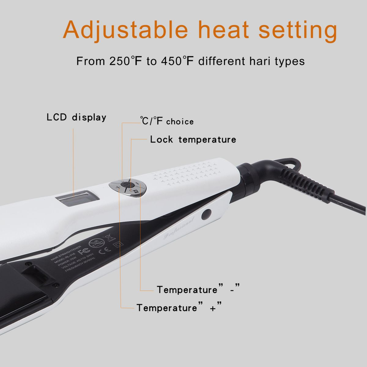 Weißes Haarglätteisen mit einstellbaren Heizeinstellungen, LCD-Anzeige und Temperaturreglern mit der Bezeichnung °C/°F und Temperatur.
