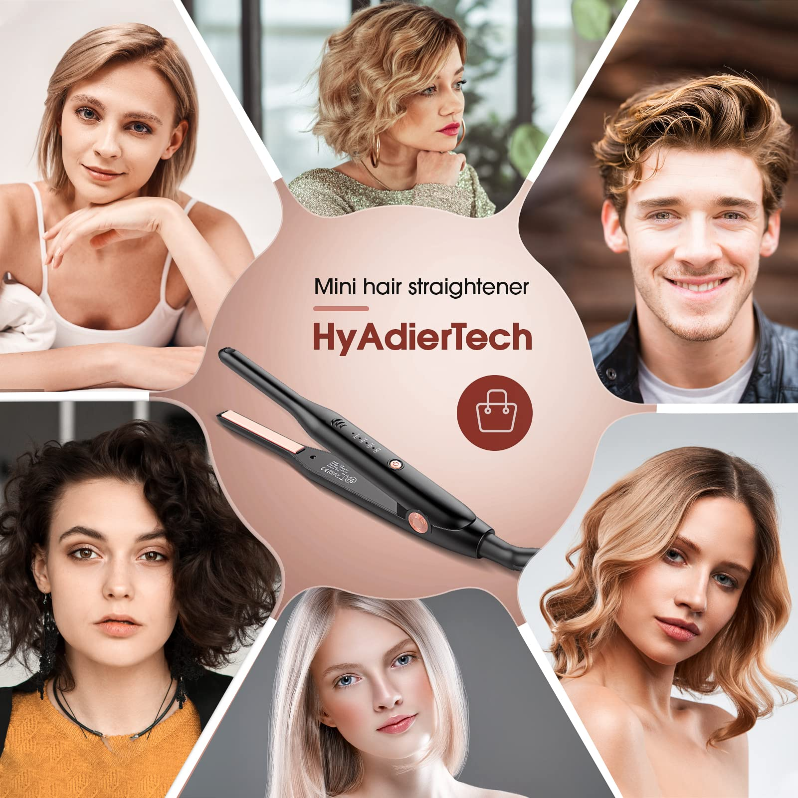 Mini-Haarglätter, umgeben von Gesichtern von Menschen mit verschiedenen Frisuren und dem Text 'HyAdierTech'.
