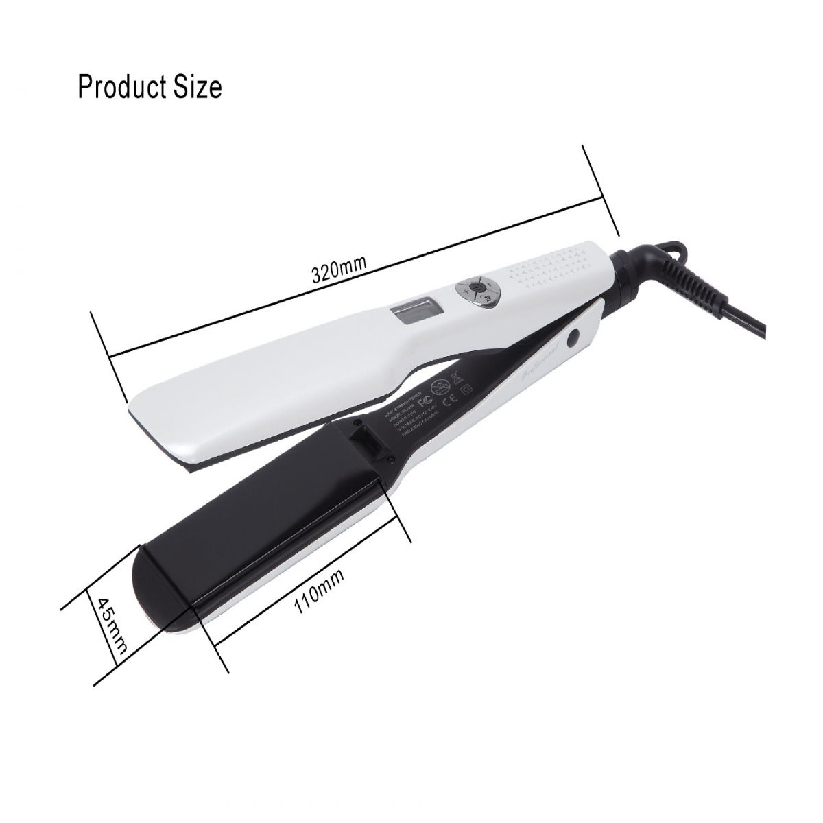 Weißer Haarglätter mit schwarzen Platten, Maße: 320 mm, 110 mm, 45 mm.