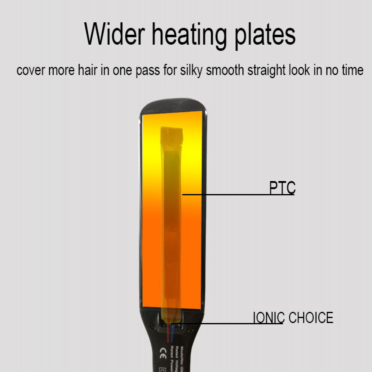Haarglätter mit breiteren Heizplatten, PTC und Ionic Choice hervorgehoben.