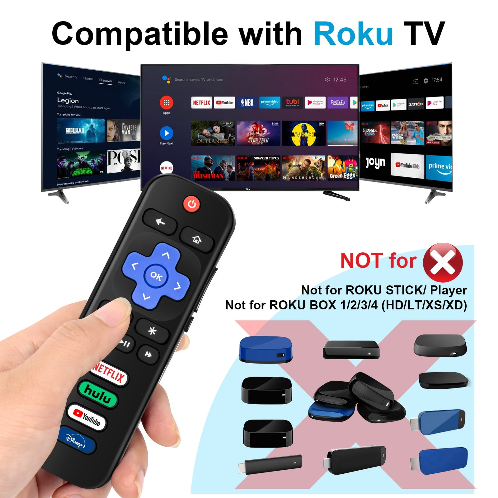 Eine Hand hält eine schwarze Fernbedienung mit Netflix-, Hulu- und YouTube-Tasten. Ruko TV kompatibel. Boxen mit der Aufschrift Nicht für Roku Stick/Player.