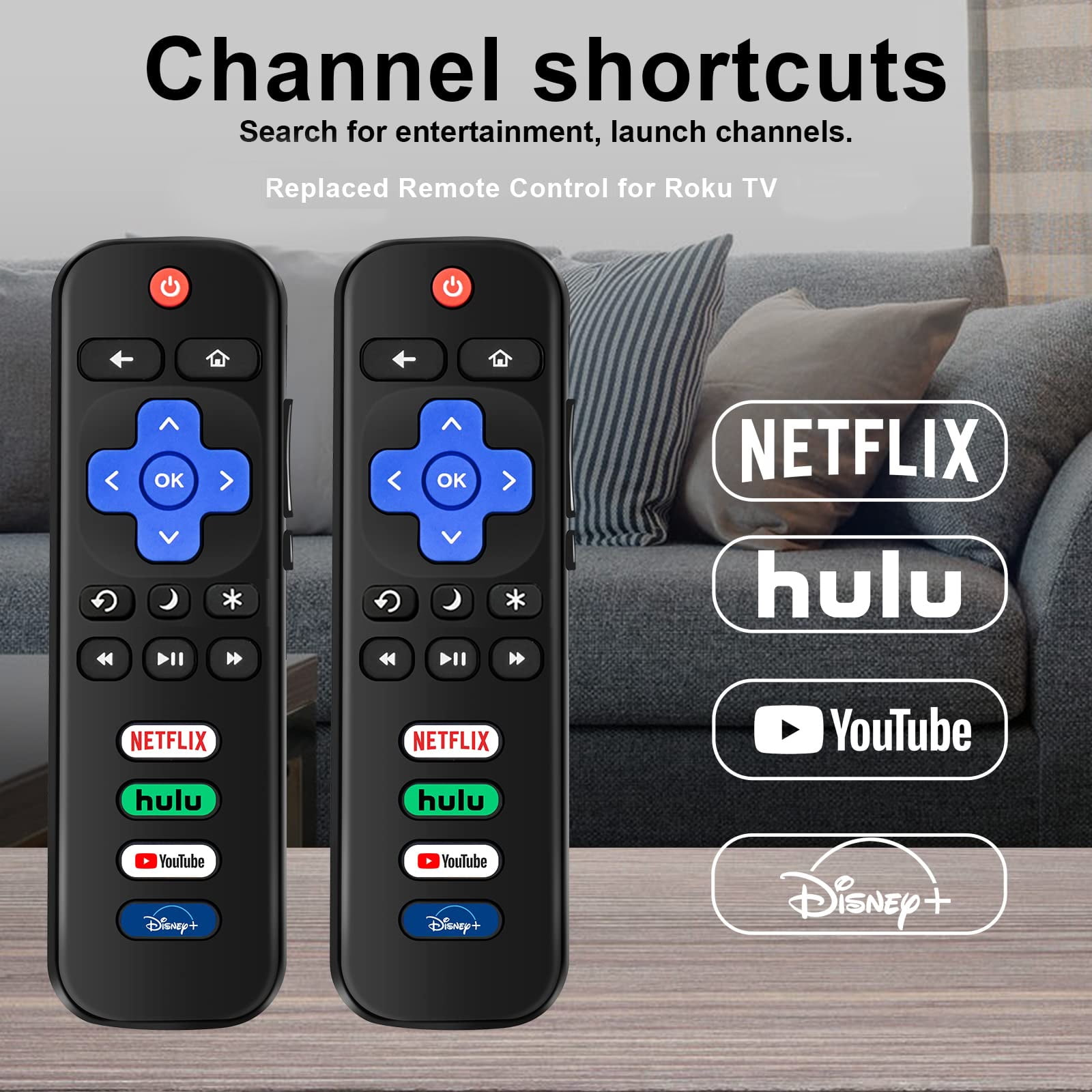 Zwei schwarze Roku TV-Fernbedienungen mit Kanal-Shortcuts, Netflix-, Hulu-, YouTube- und Disney+-Tasten.