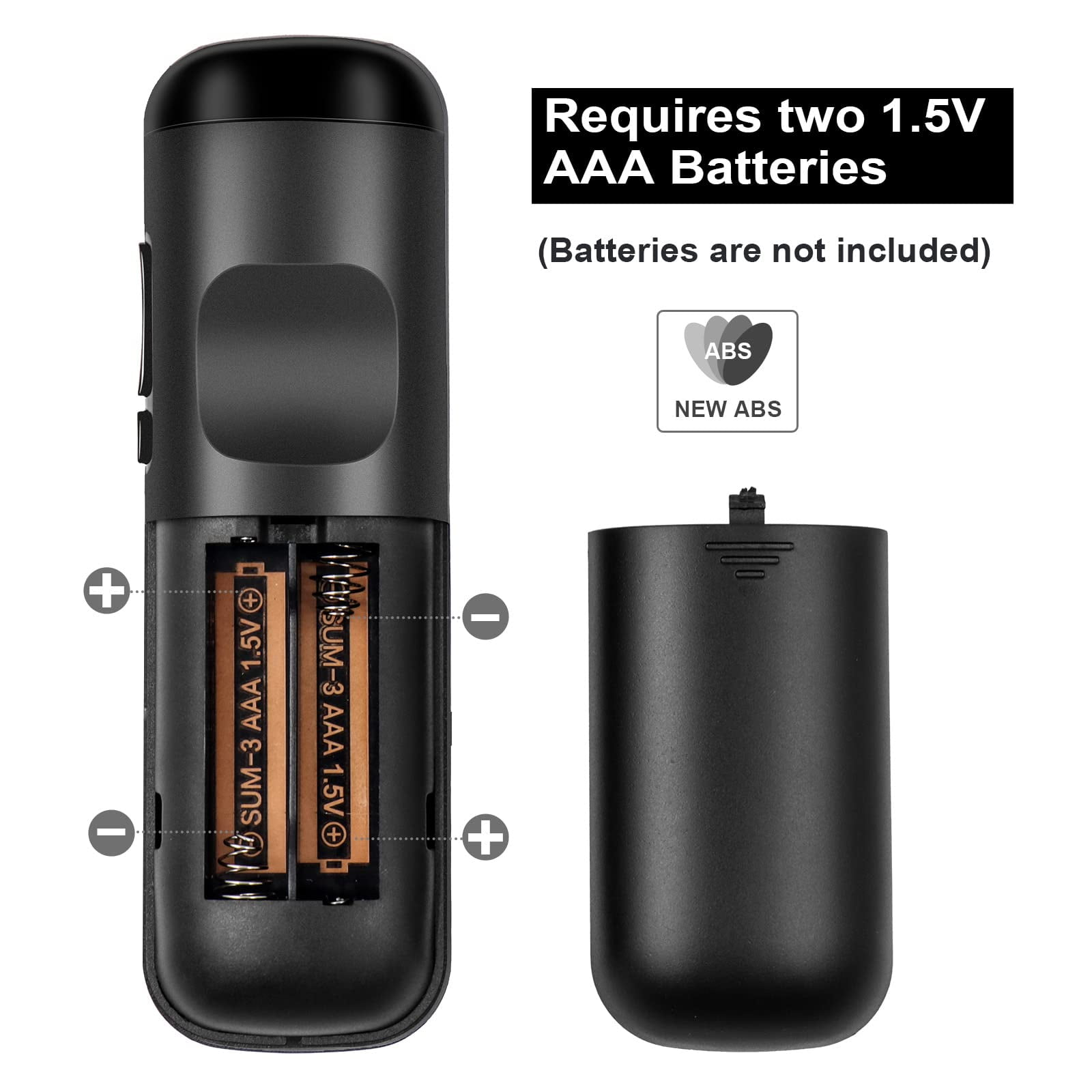 Rückseite einer schwarzen Fernbedienung mit geöffnetem Batteriefach, das zwei AAA-Batterien zeigt.