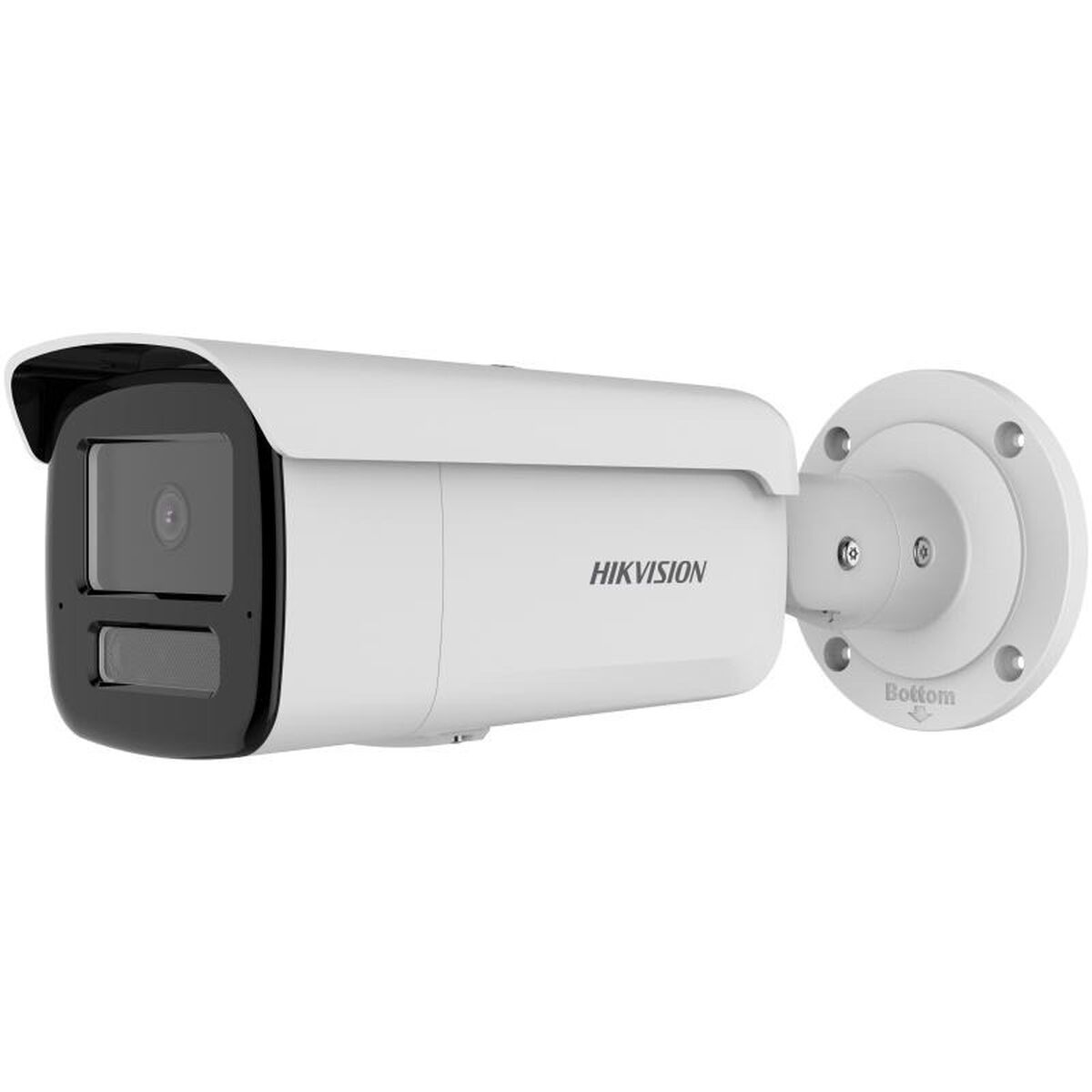 Eine weiße Überwachungskamera mit dem Text 'HIKVISION' auf einer weißen Wandhalterung.
