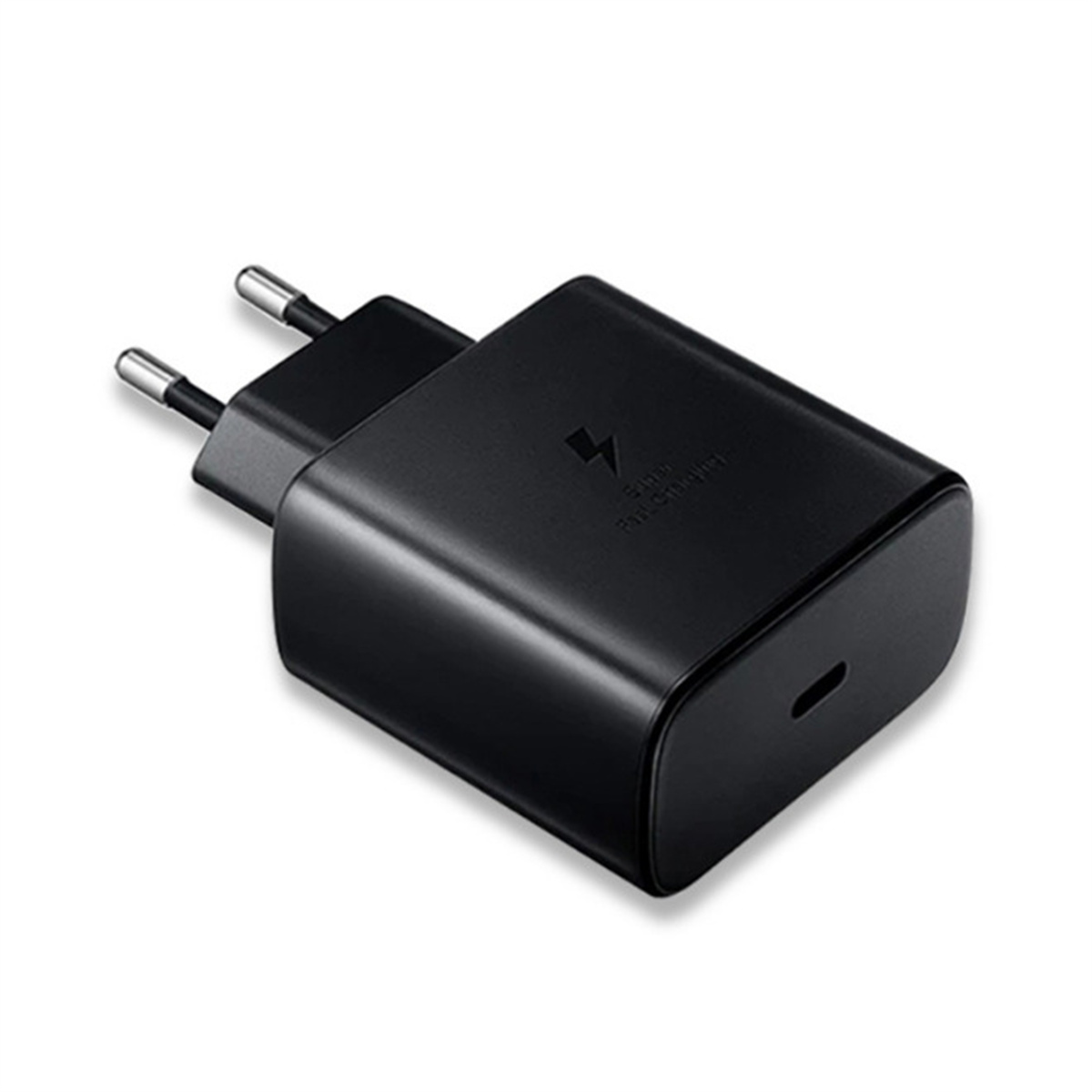 Schwarzes Samsung Ladegerät mit USB-C-Anschluss und zwei Stiften.