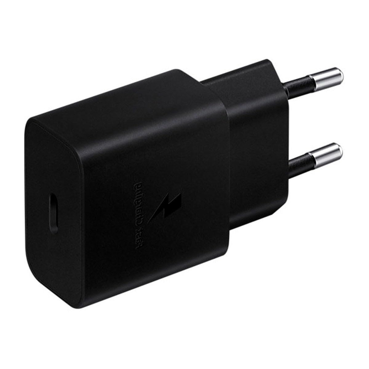 Schwarzes Samsung-Ladegerät mit USB-C-Anschluss und Stiften.