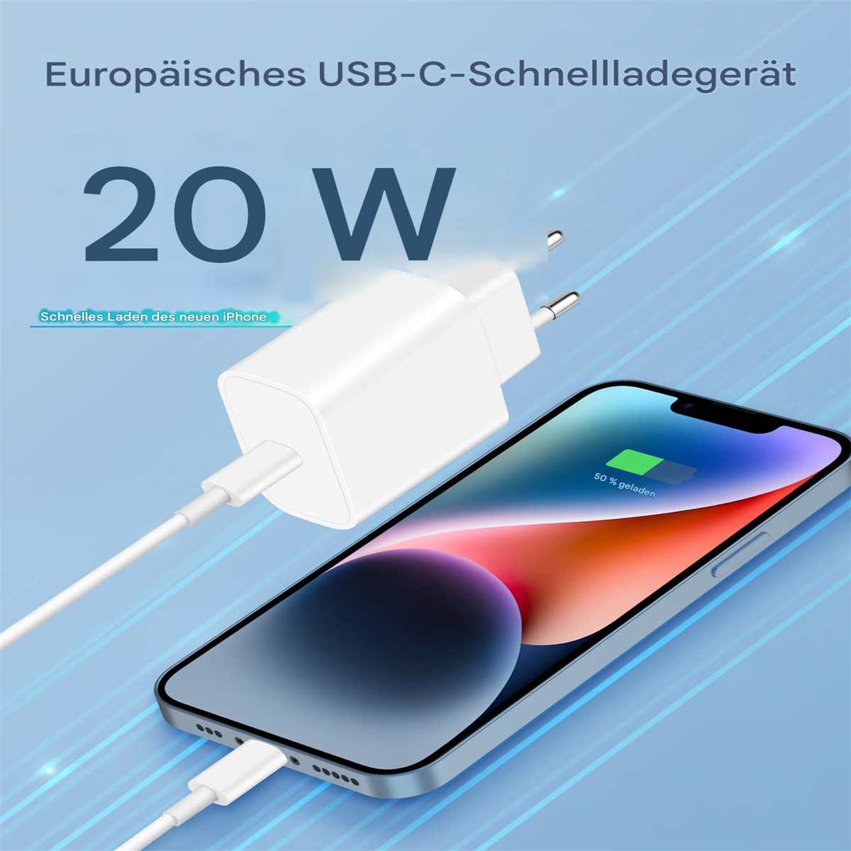 Weißes Ladegerät wird in ein Telefon gesteckt. Text: 20W, Schnellades des neuen iPhone.