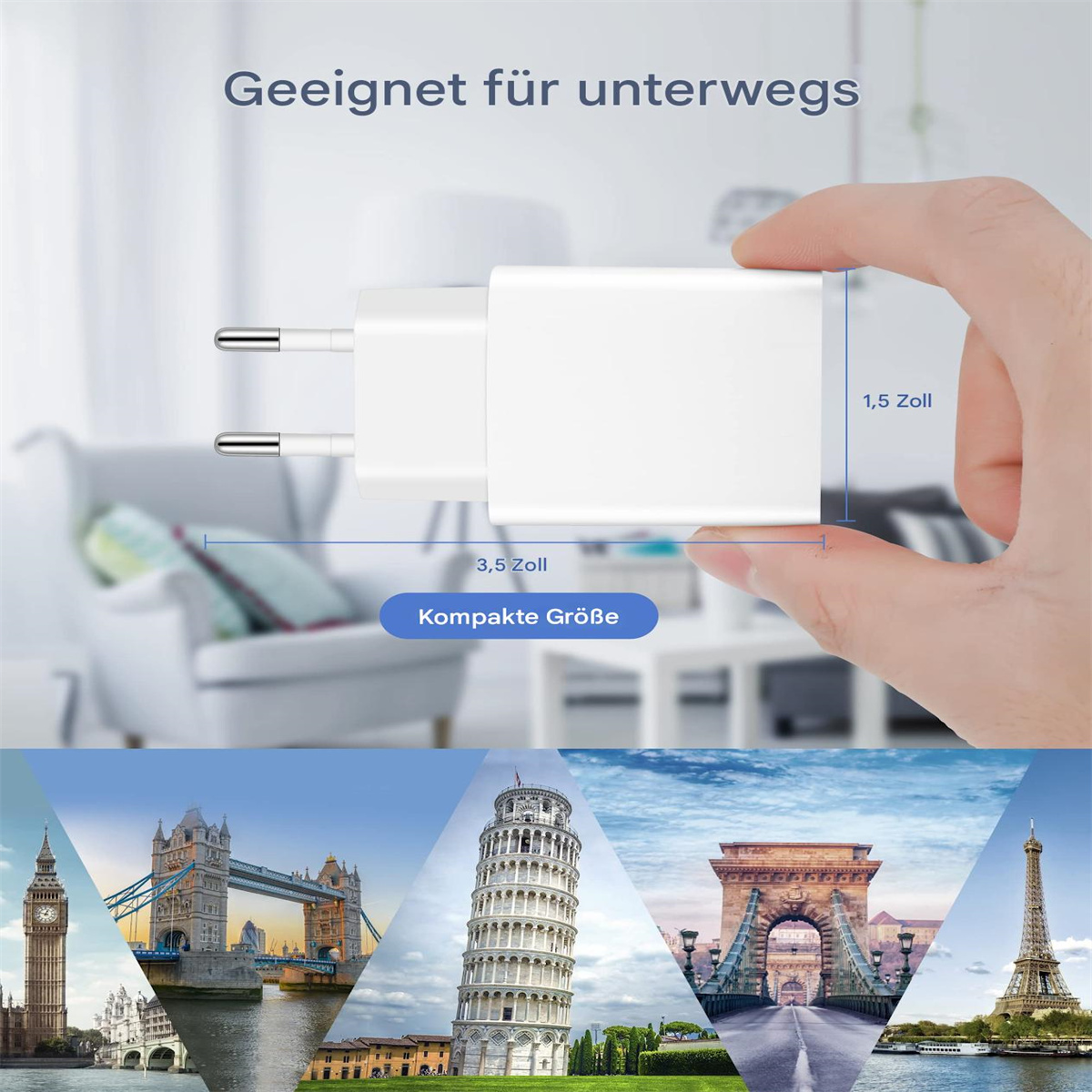 Weißes Netzteil mit Abmessungen und Bildern berühmter Wahrzeichen.