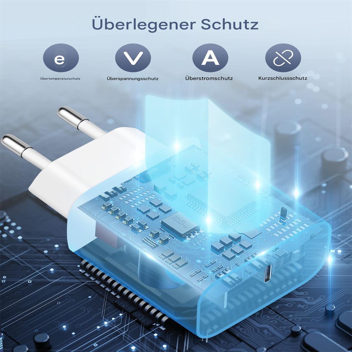 Weißes Netzteil mit hervorgehobenen internen Komponenten.