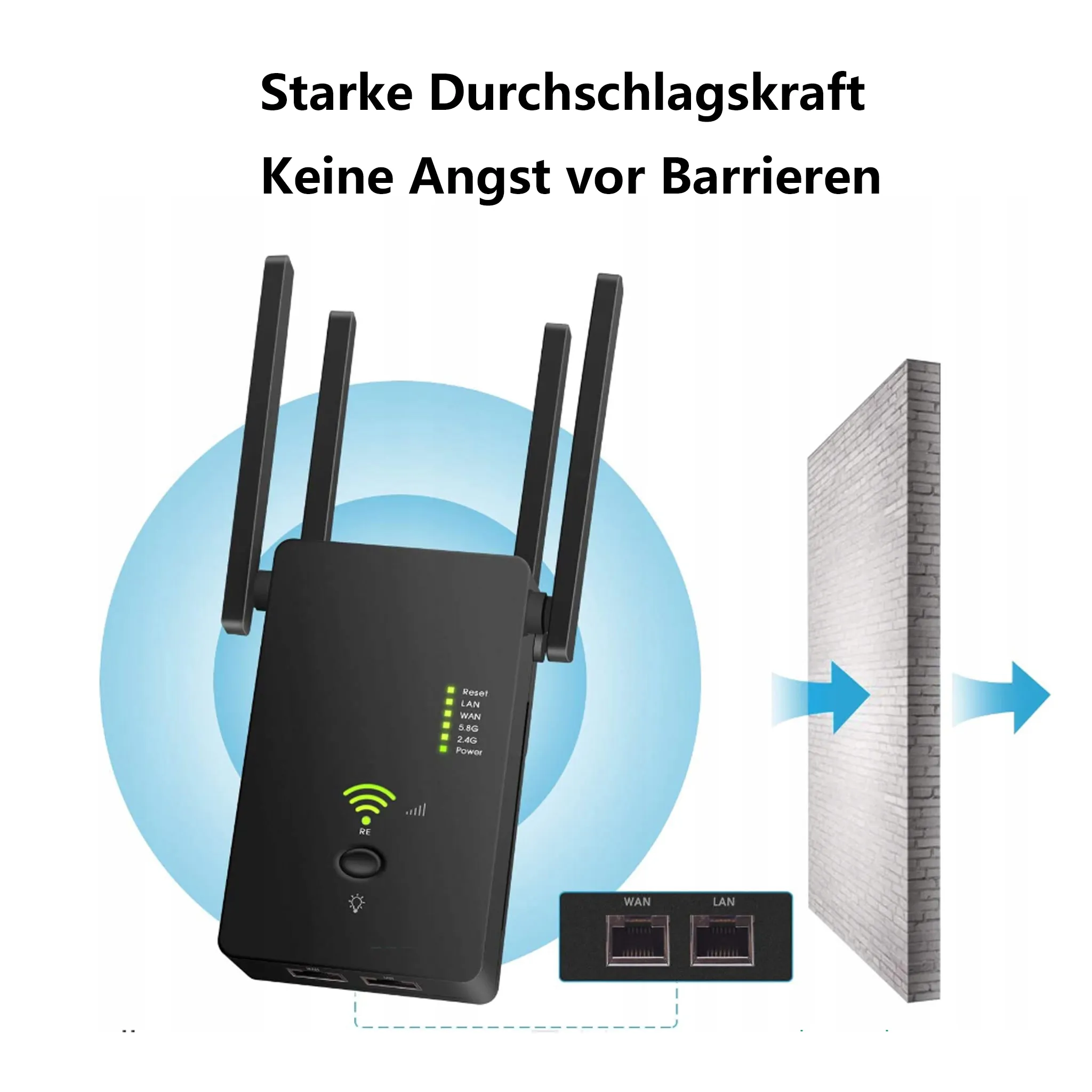 Schwarzer WLAN-Extender mit Antennen, mit einer Wand, die Signalstärke zeigt.