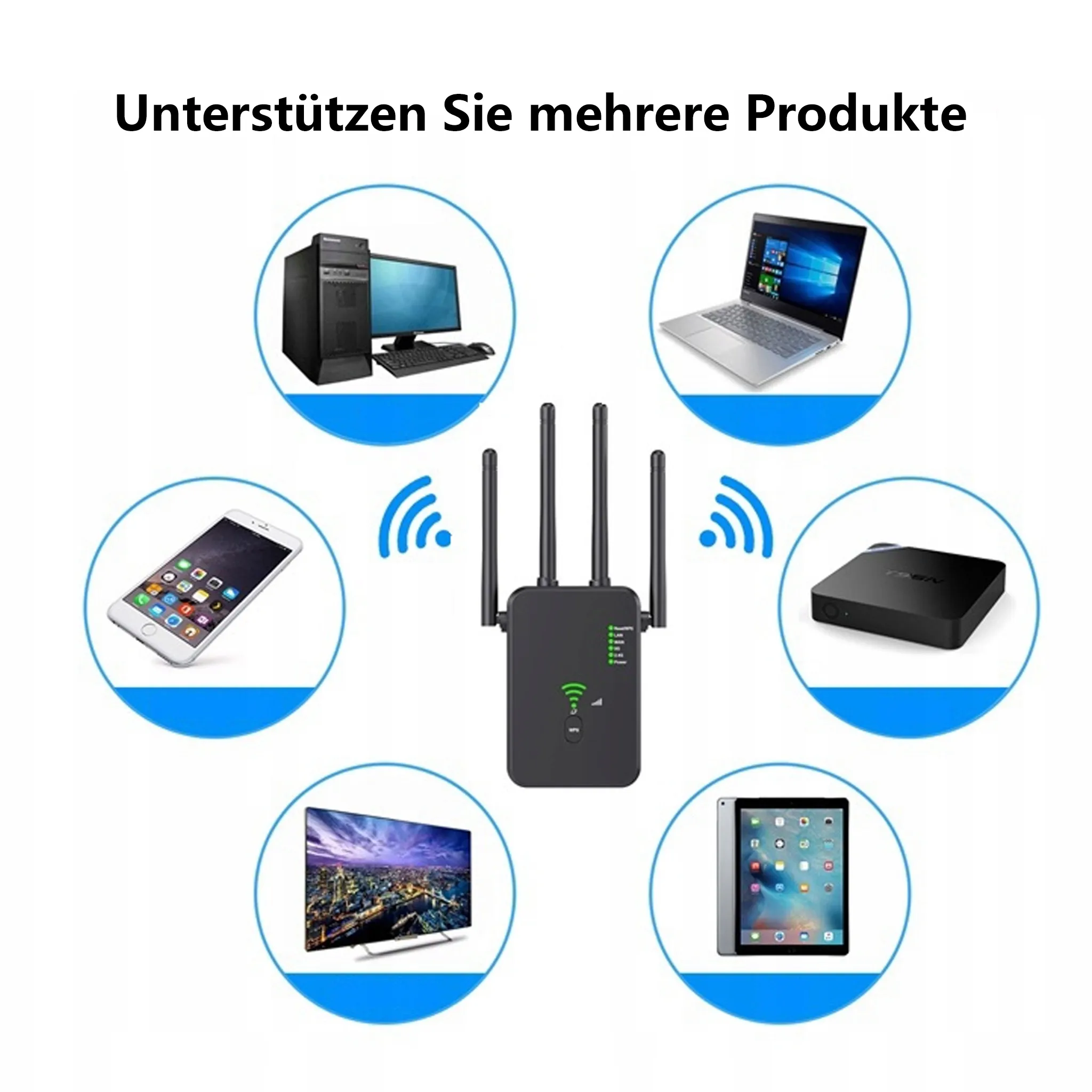 WLAN-Repeater und angeschlossene Geräte. Die Geräte sind ein Computer, Laptop, Telefon, Tablet und Fernseher.