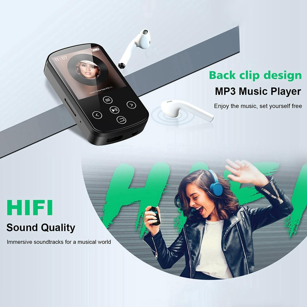 Ein MP3-Player und kabellose Ohrhörer. Eine Frau hört Musik mit Kopfhörern, und Grafiken werden angezeigt.