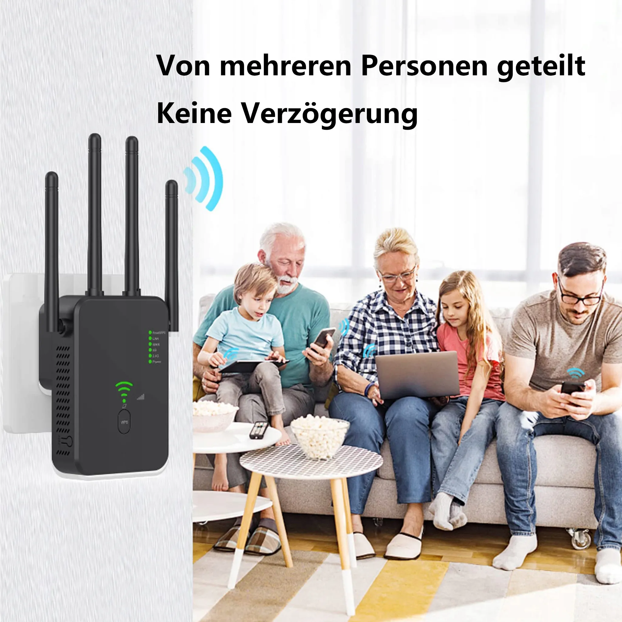 Familie benutzt Geräte, ein WLAN-Repeater ist in der Wand eingesteckt. Keine Verzögerung ist die Hauptaussage.