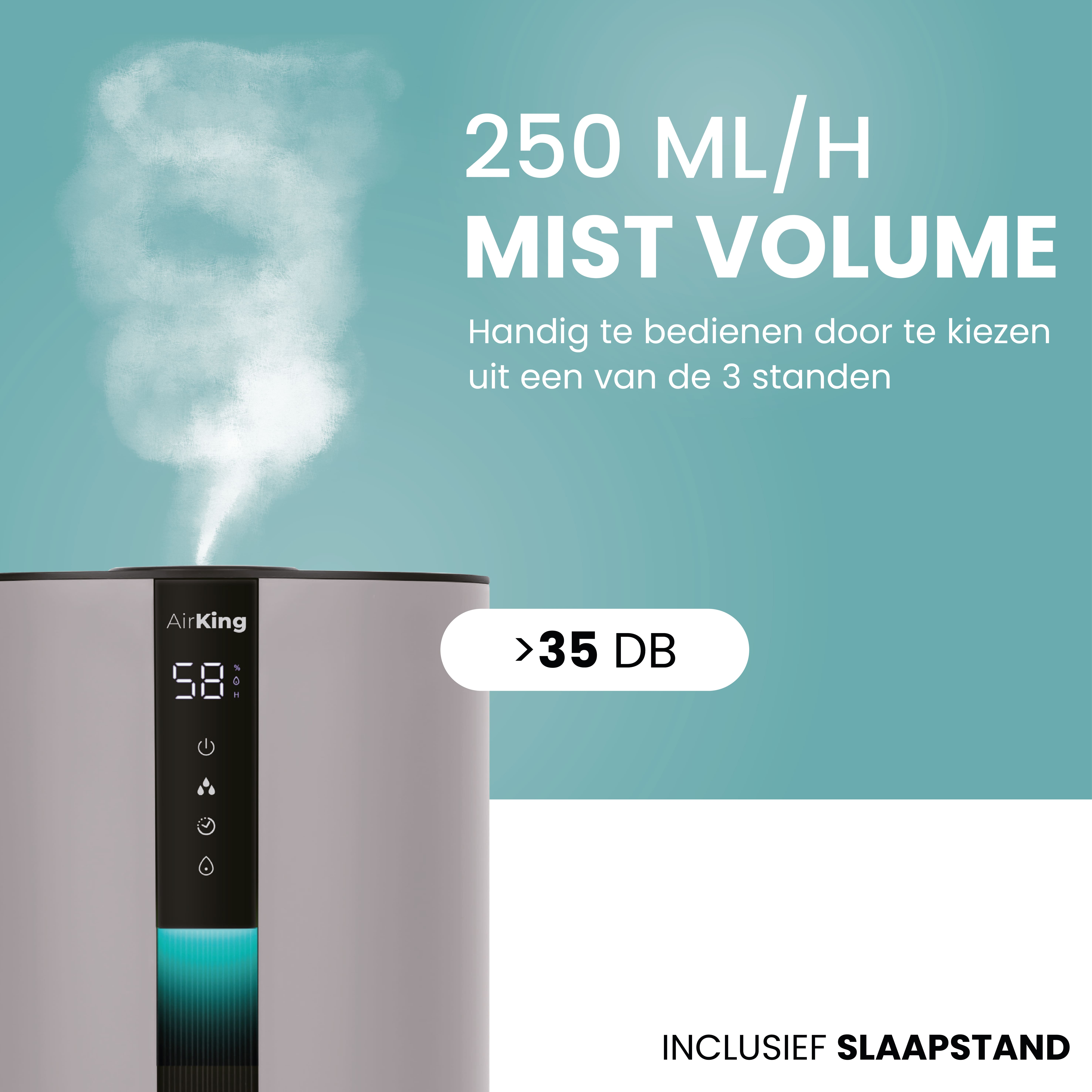A humidifier with a digital display emitting vapor; text about mist volume.