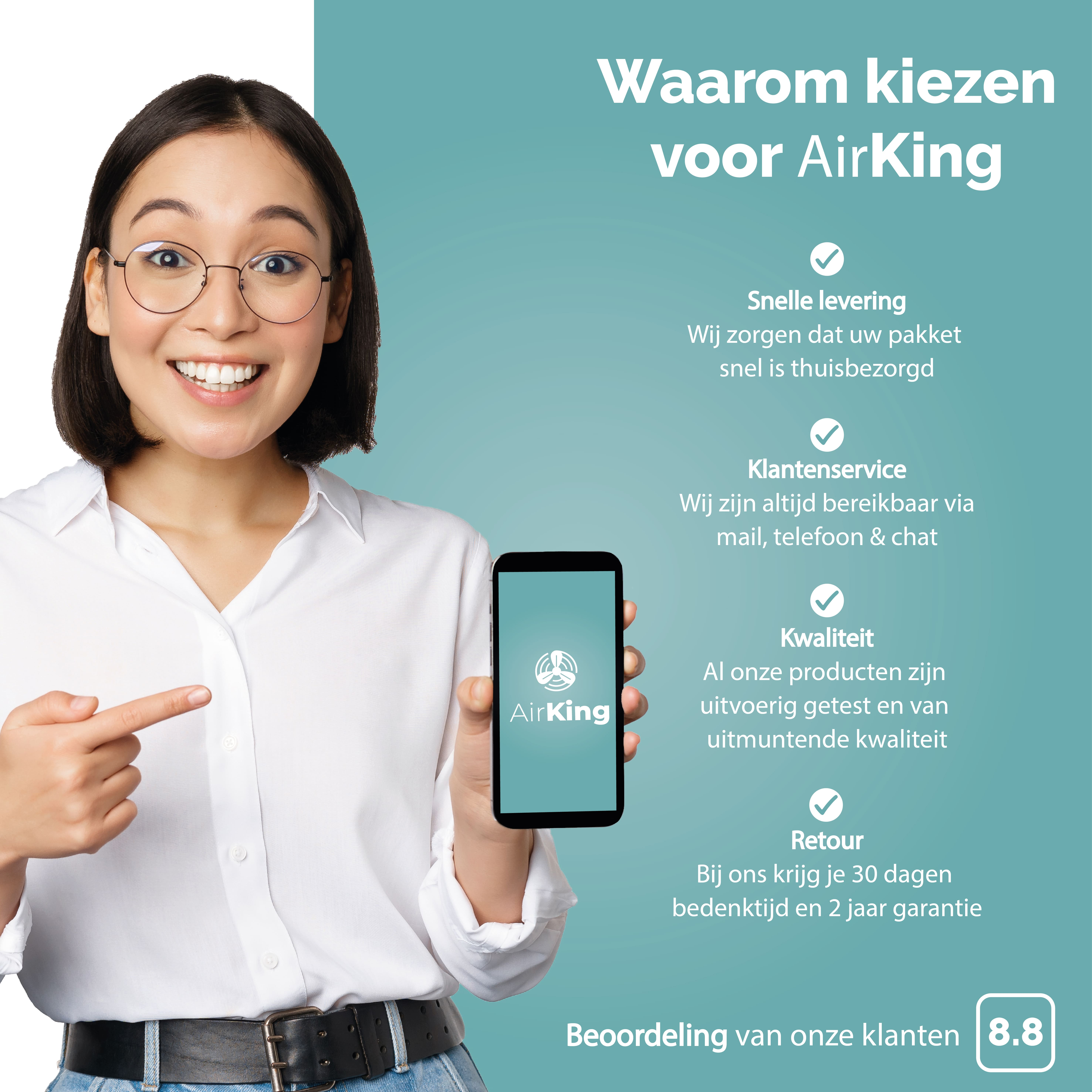 A woman points at her phone screen, an advertisement for AirKing. Information about the company is displayed.