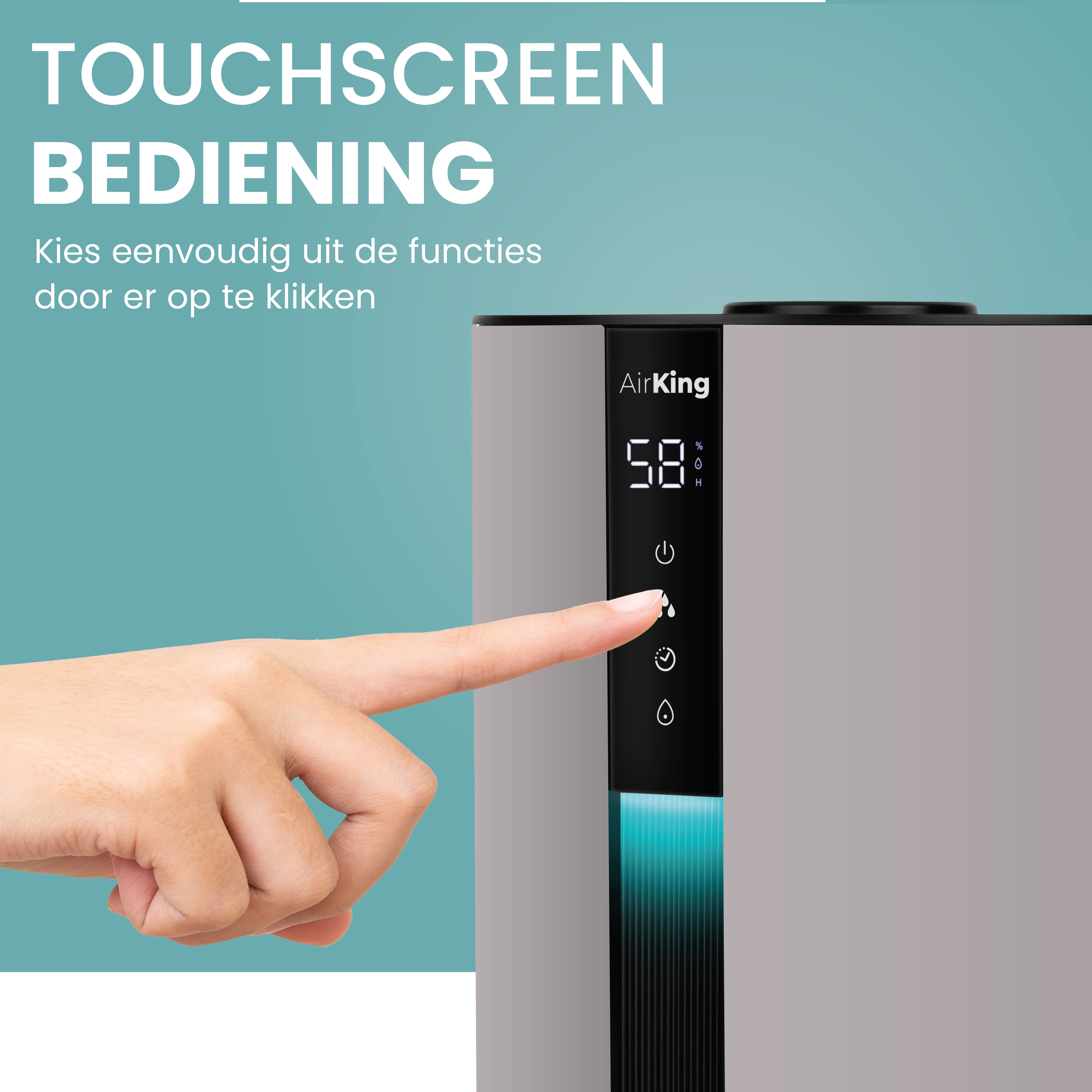 A hand touches the touchscreen of a grey humidifier. The screen displays settings and the power button.