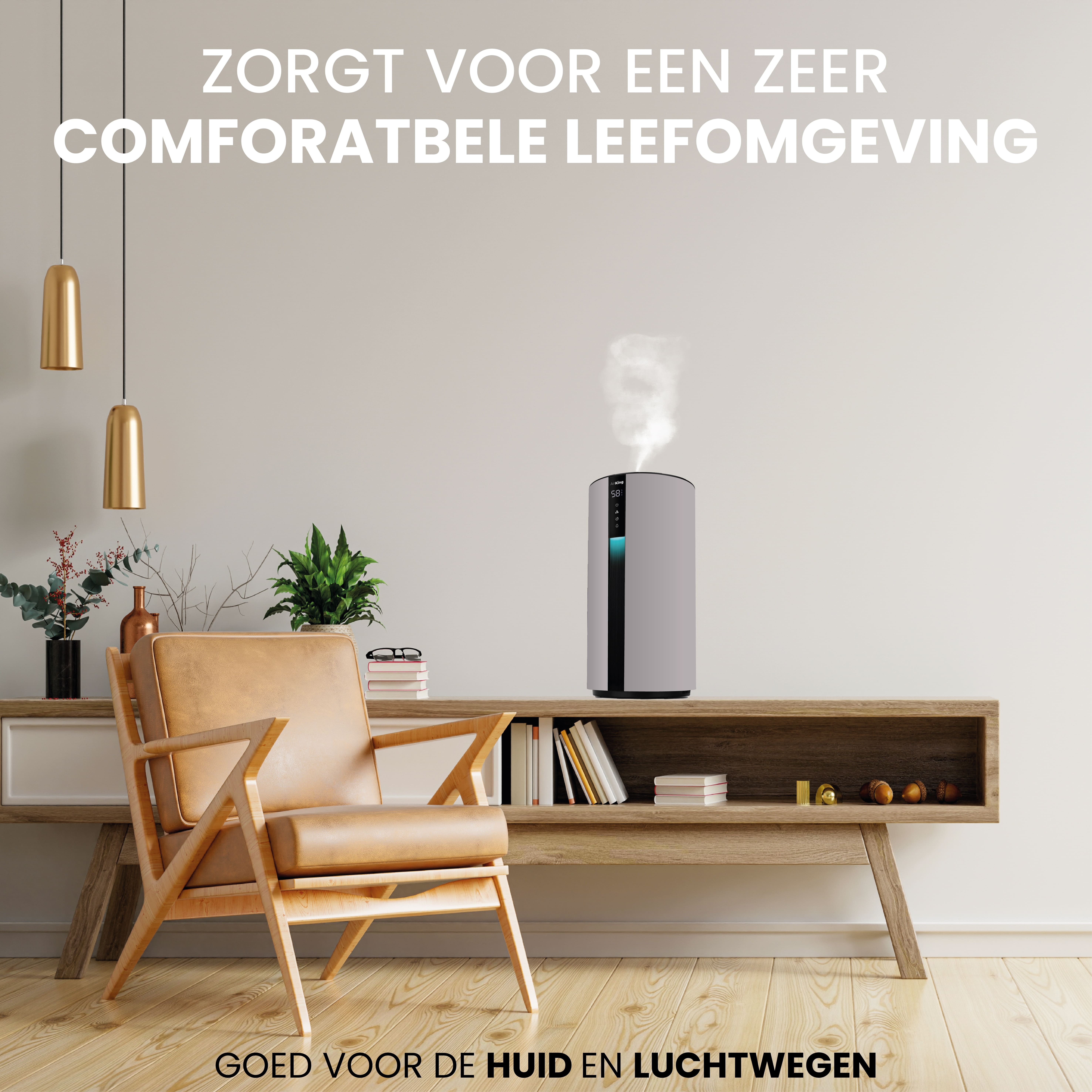 A modern humidifier on a wooden shelf. A chair and plants are in the room. The humidifier is grey.