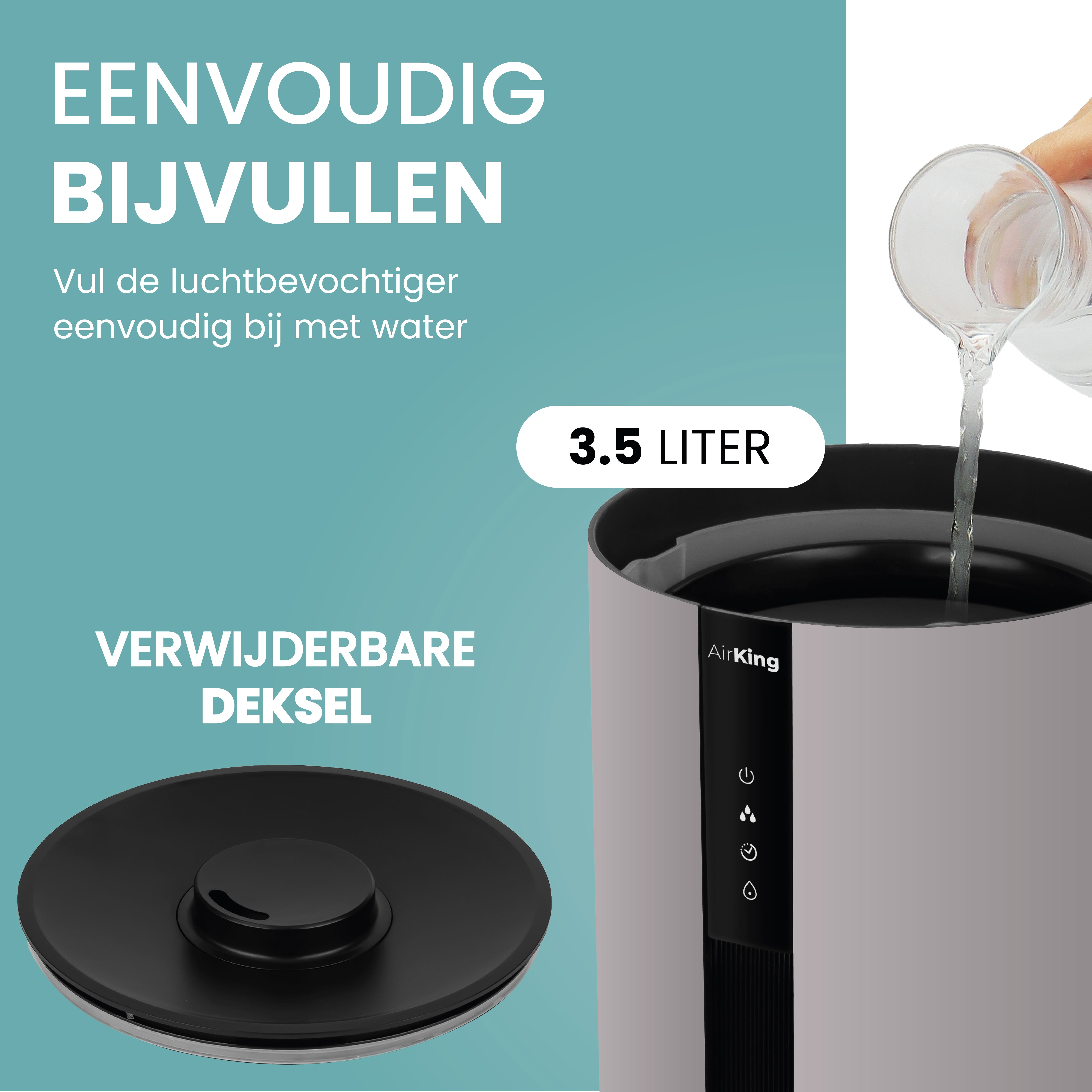 Humidifier with a detachable lid, being filled with water. Text reads: easy filling, 3.5 liters.