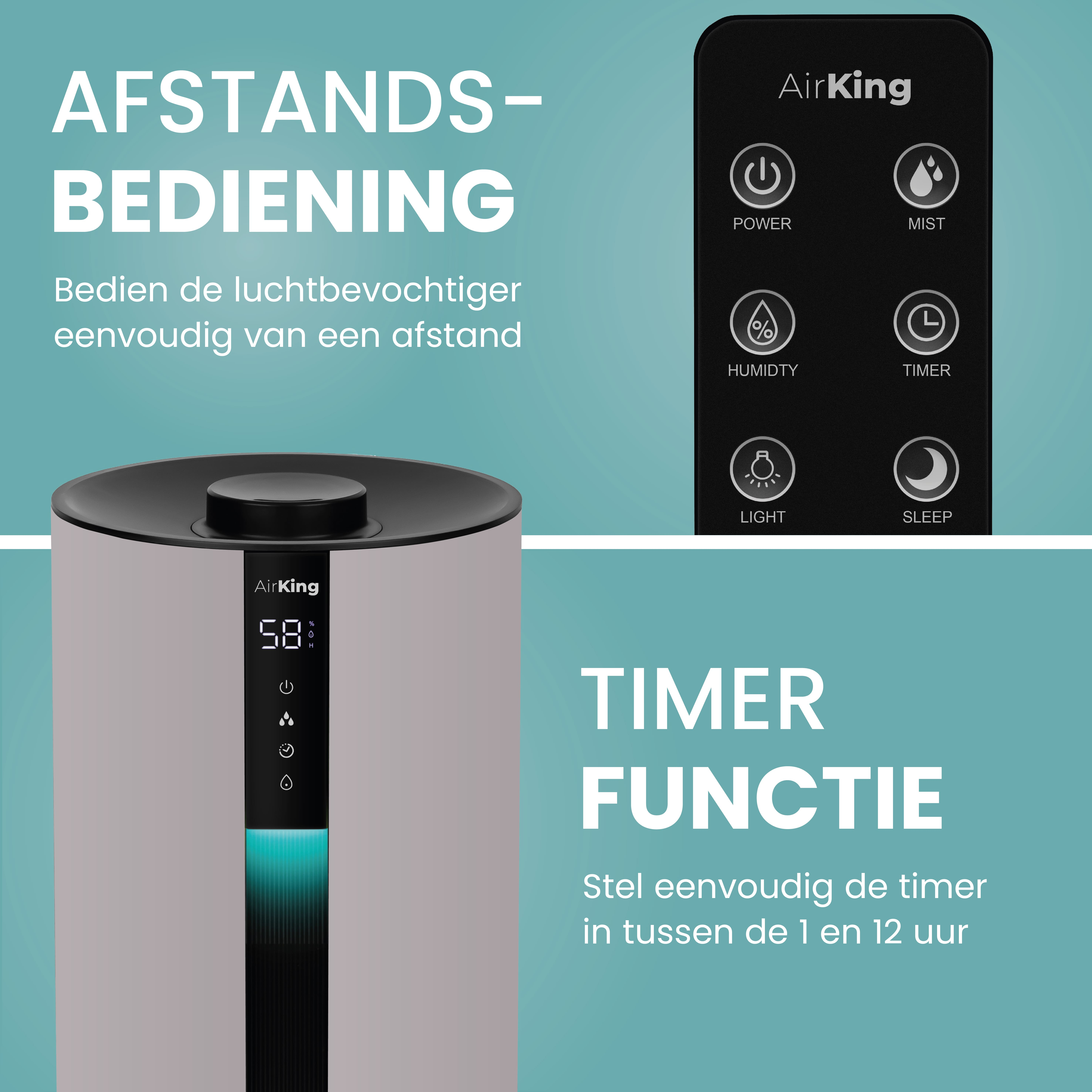 A grey humidifier with a remote control. The remote has buttons for power, mist, humidity, timer, light, and sleep.
