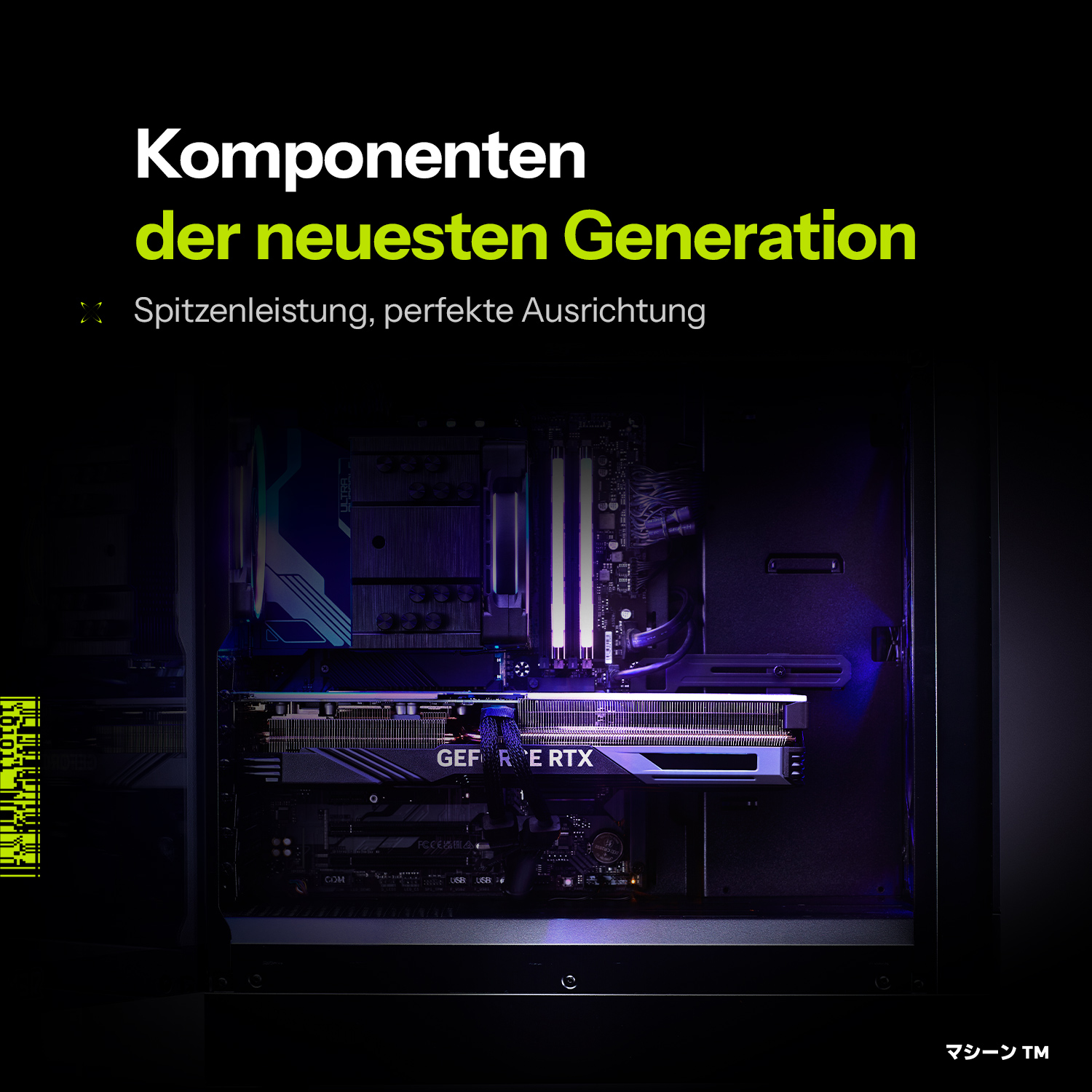 Ein Computerinnenraum mit Grafikkarte, Text auf Deutsch über die neueste Generation.