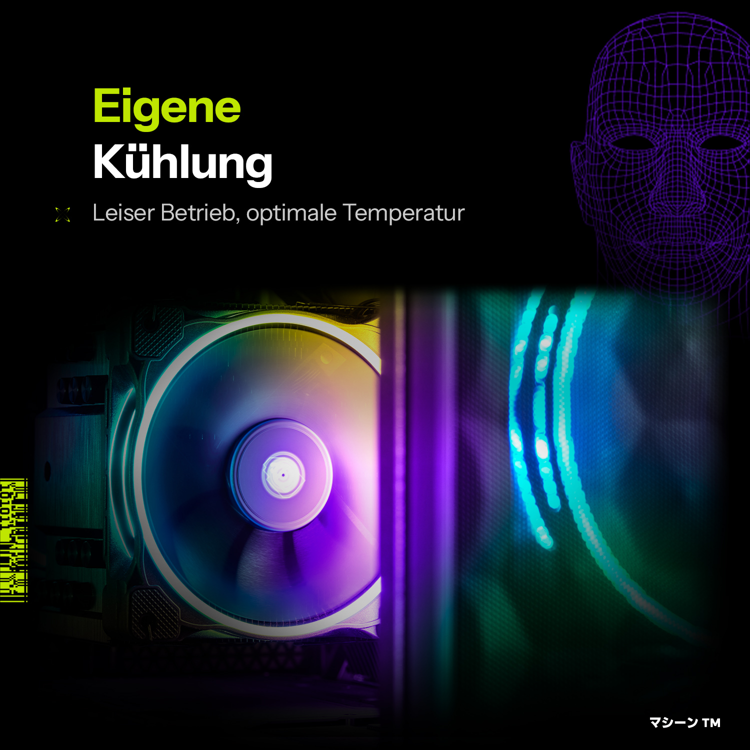 Ein Bild mit einem Computerlüfter und einer Grafik eines Gesichts mit dem Text 'Eigene Kühlung'.