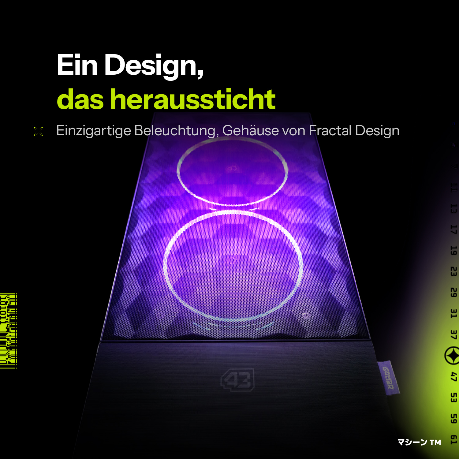Computergehäuse mit lila Beleuchtung. Das Gehäuse ist abgewinkelt, mit schwarzem Sockel und gemusterter Oberseite.