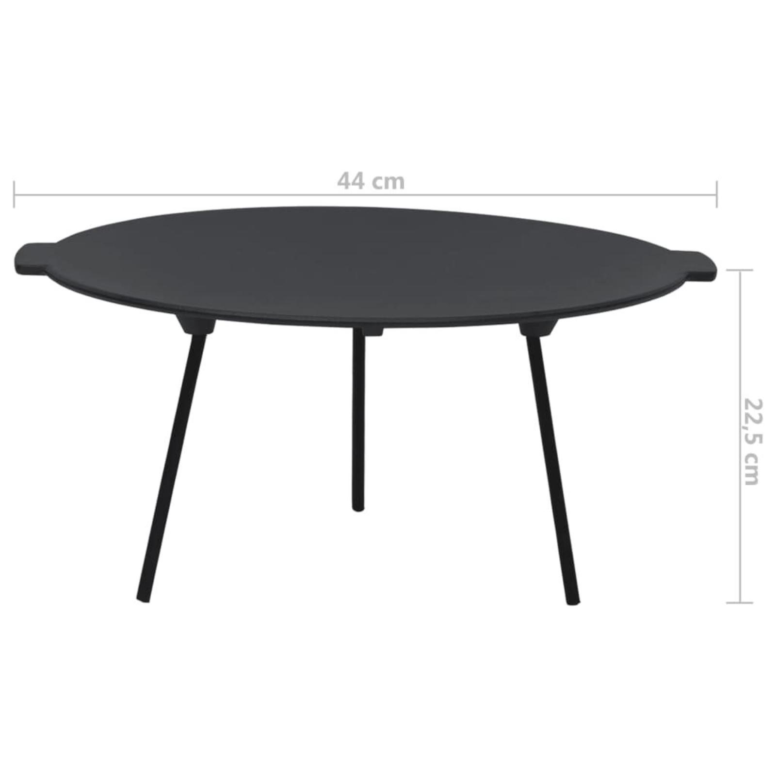 Schwarzer Metall-Außentisch, ovale Form, mit drei Beinen. Es ist 44cm x 22,5cm groß.