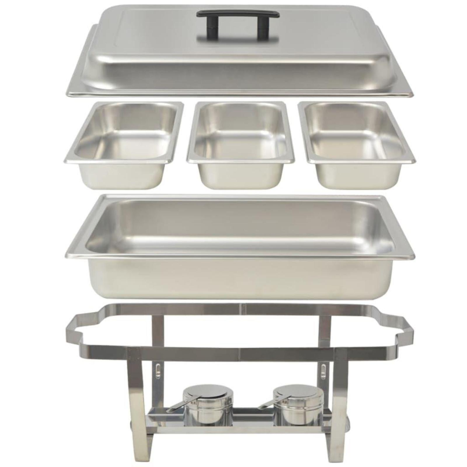 Eine Explosionsansicht eines Chafing Dish, die Komponenten zeigt: Deckel, Tabletts und Ständer.