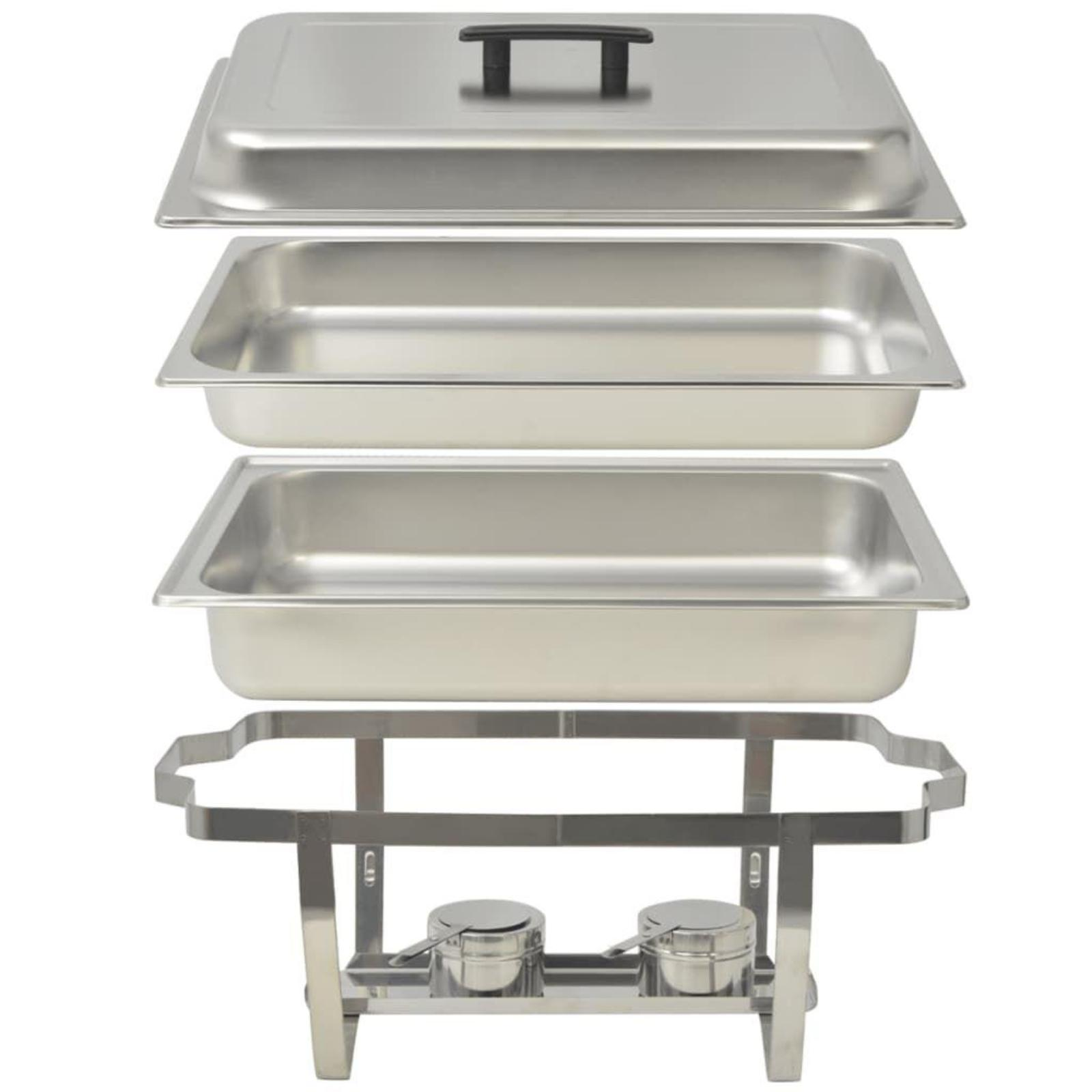 Explosionszeichnung eines Chafing Dish, mit Deckel, Tabletts und Ständerelementen.