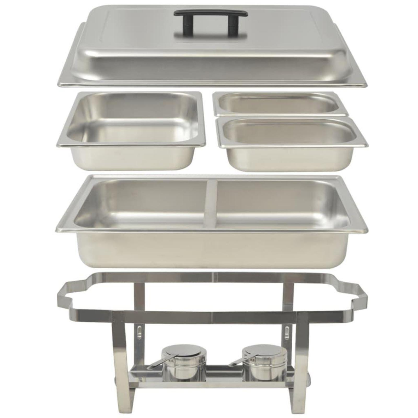Explosionszeichnung eines Chafing Dish mit Deckel, geteilten Tabletts und Ständerelementen.