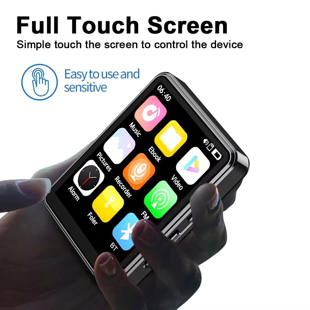 Hand hält einen schwarzen MP3-Player mit Touchscreen. Symbole für Musik, Video und andere Funktionen sichtbar.