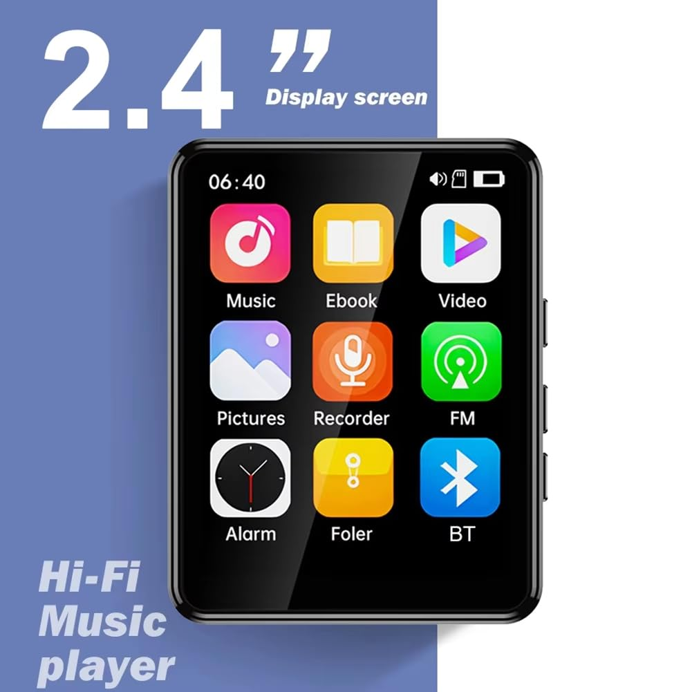 Schwarzer MP3-Player mit 2,4-Zoll-Display, das Musik, E-Book, Video und andere App-Symbole zeigt.