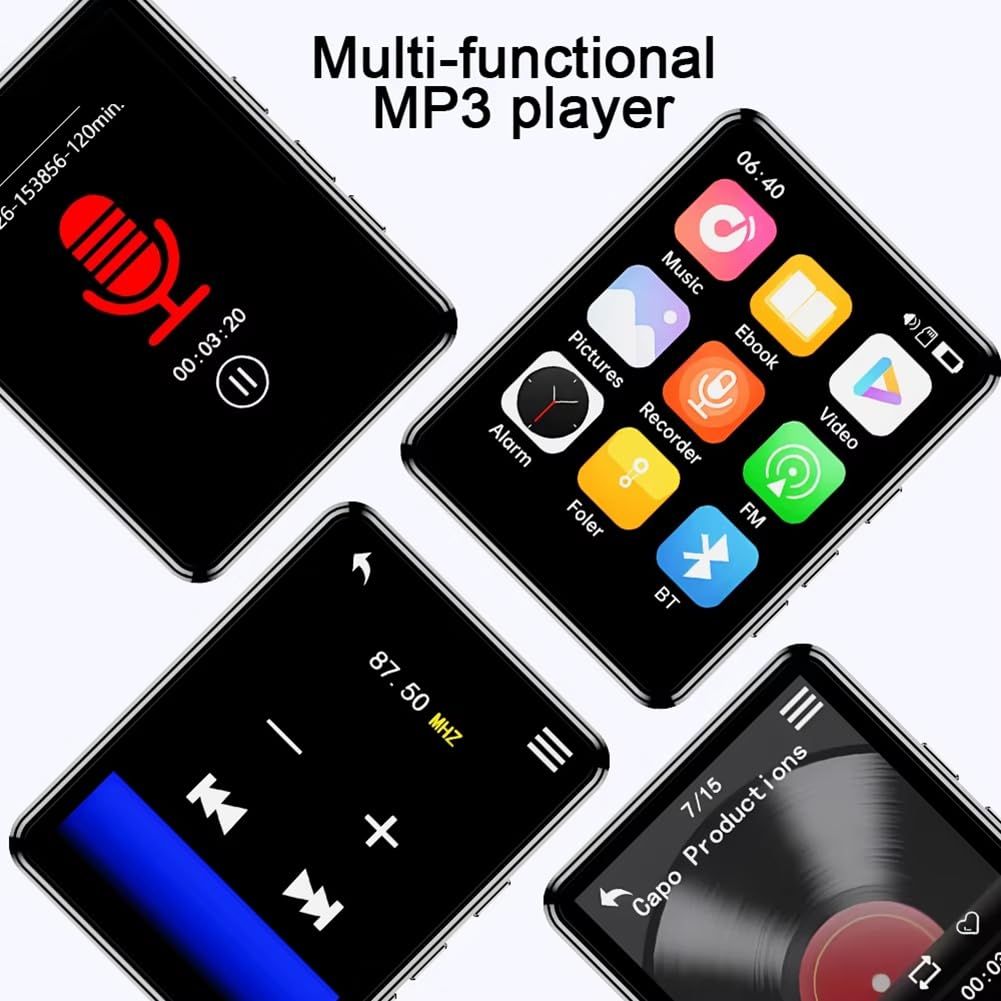 Mehrere schwarze MP3-Player. Jeder zeigt eine andere Benutzeroberfläche an, darunter Musik, Bilder und Radiobedienelemente.