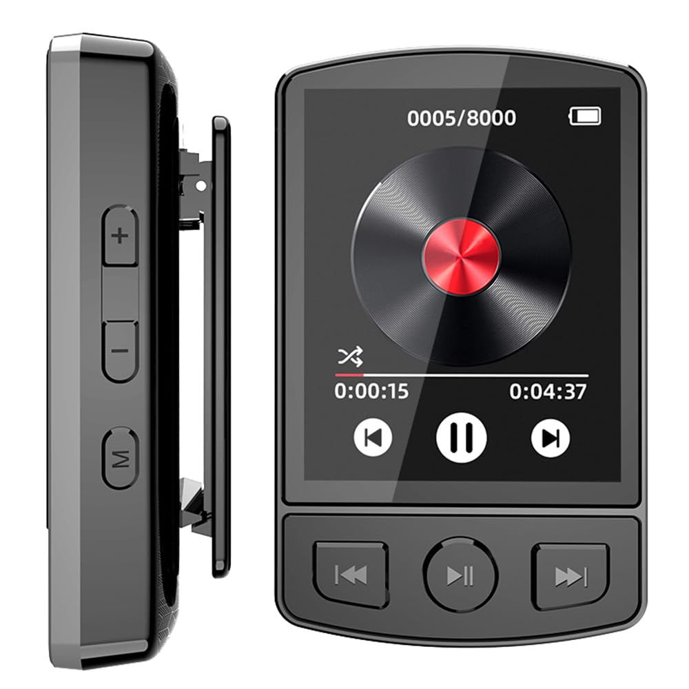 Schwarzer MP3-Player mit Bildschirm, der Musiksteuerungen anzeigt. Hat Tasten für Lautstärke, Wiedergabe/Pause und Titelnavigation.