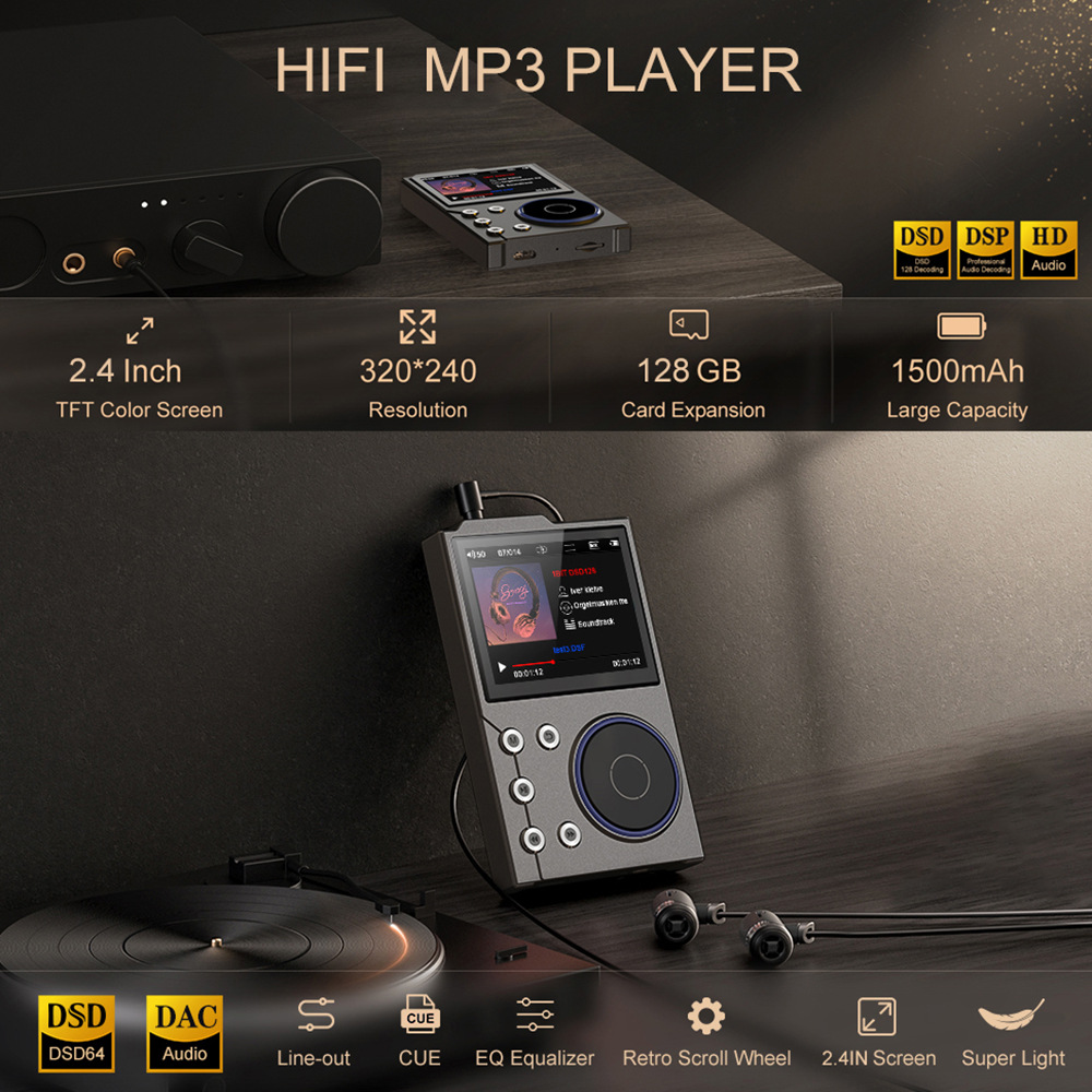 Ein silberner HiFi MP3-Player mit Bildschirm, Knöpfen und Symbolen. Kopfhörer und ein Lautsprecher sichtbar.