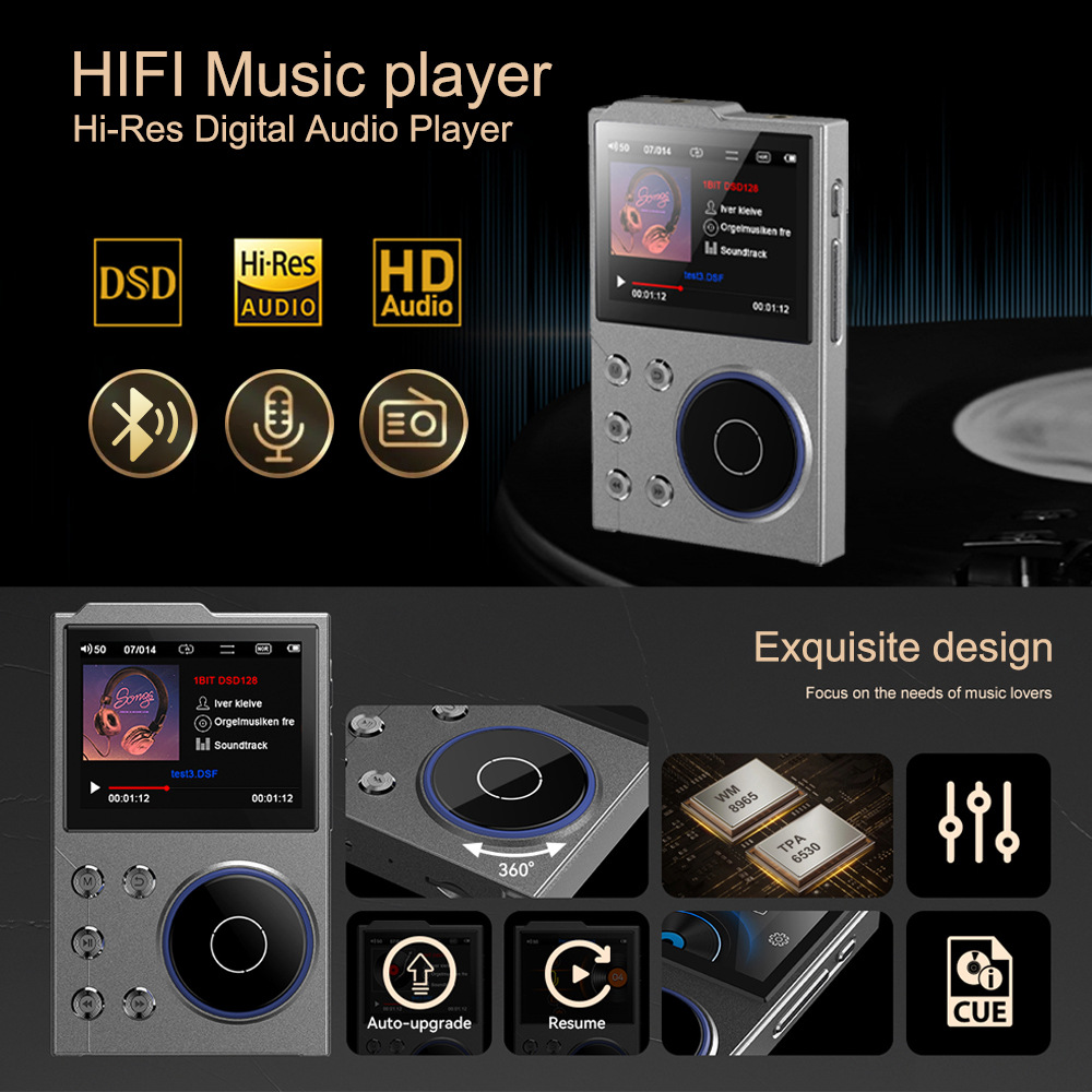 Ein silberner HiFi-Musikplayer mit Bildschirm, Knöpfen und Symbolen. Der Hintergrund ist unscharf.