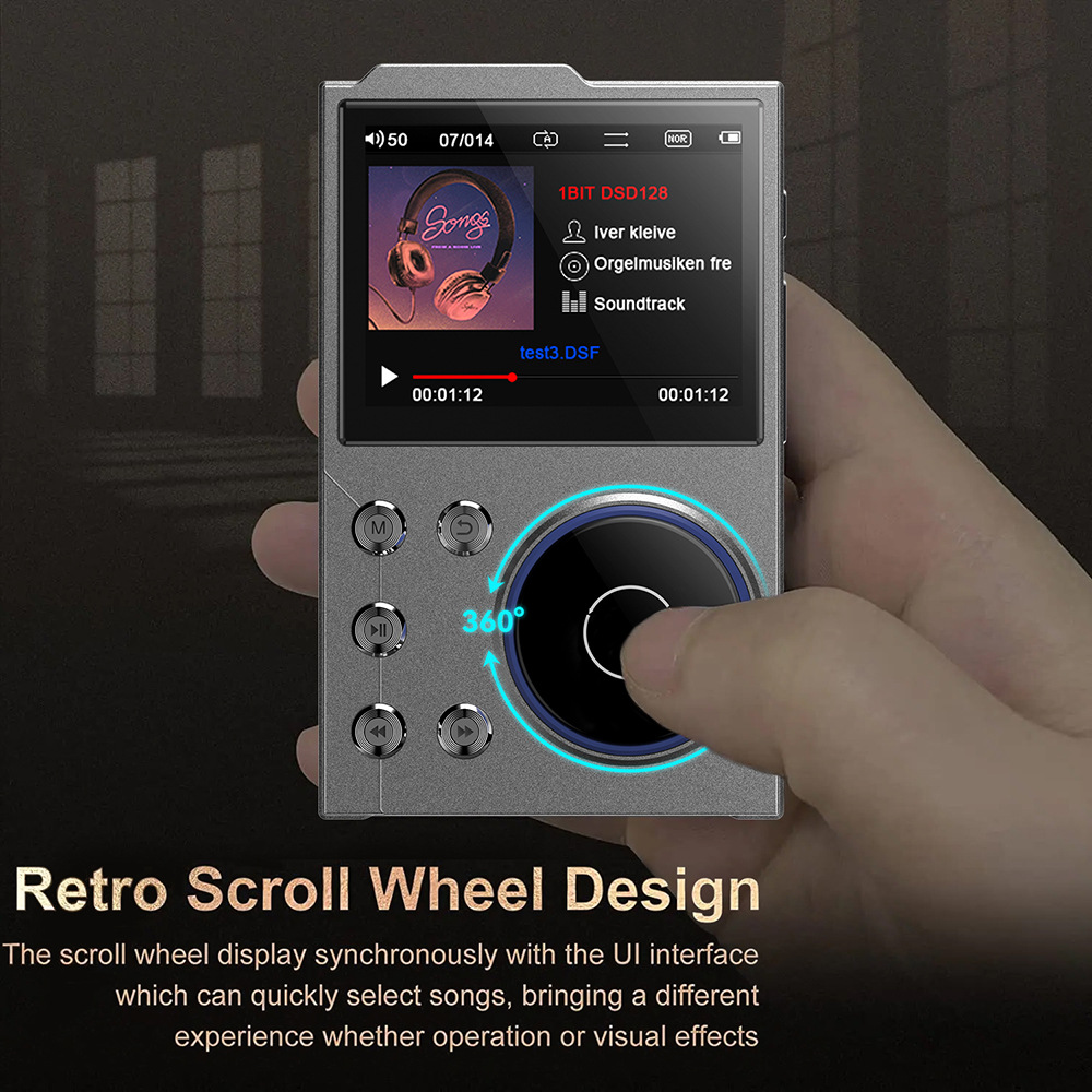 Ein silberner tragbarer Musikplayer mit Retro-Scrollrad-Design und Musikanzeige.