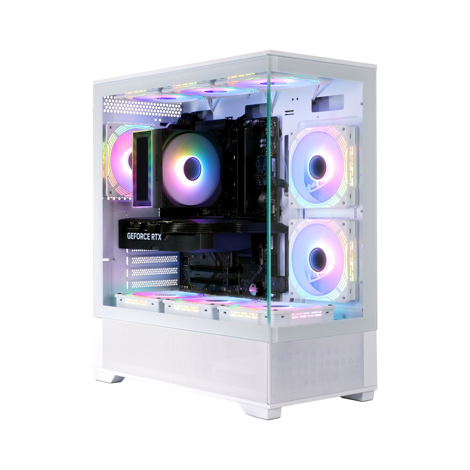 Weißes Gaming-PC-Gehäuse mit Komponenten und bunten Lichtern, sichtbar durch eine Glasscheibe.