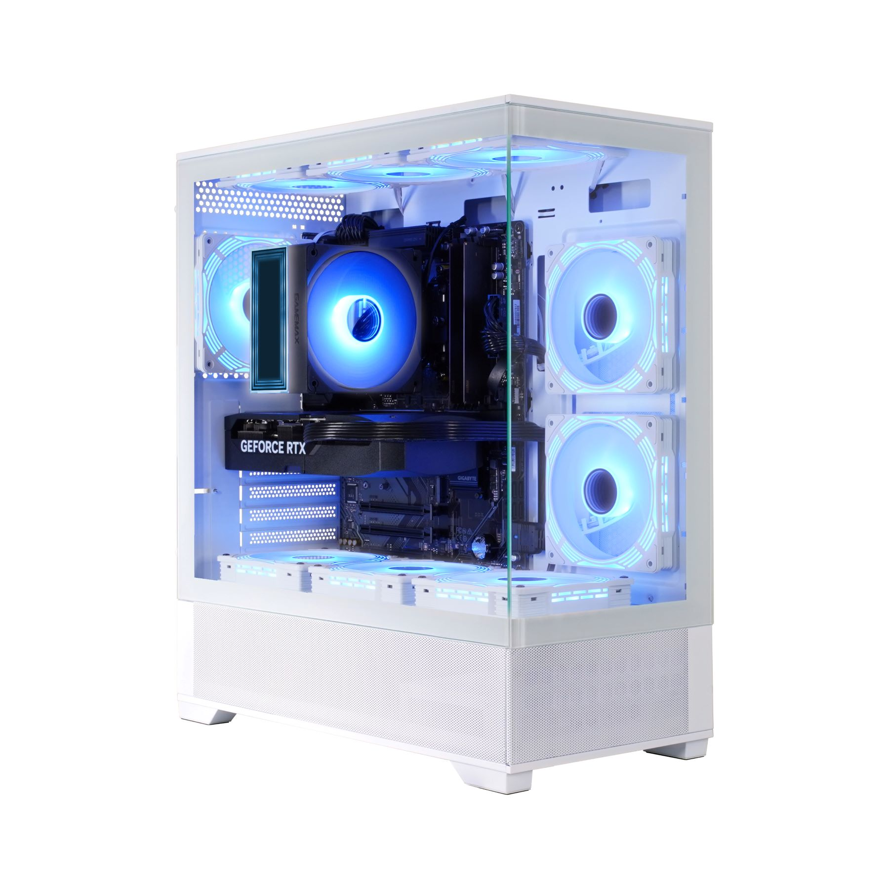Ein weißes Computergehäuse mit transparenter Seite. Es hat Lüfter mit blauen Lichtern und Computerkomponenten.
