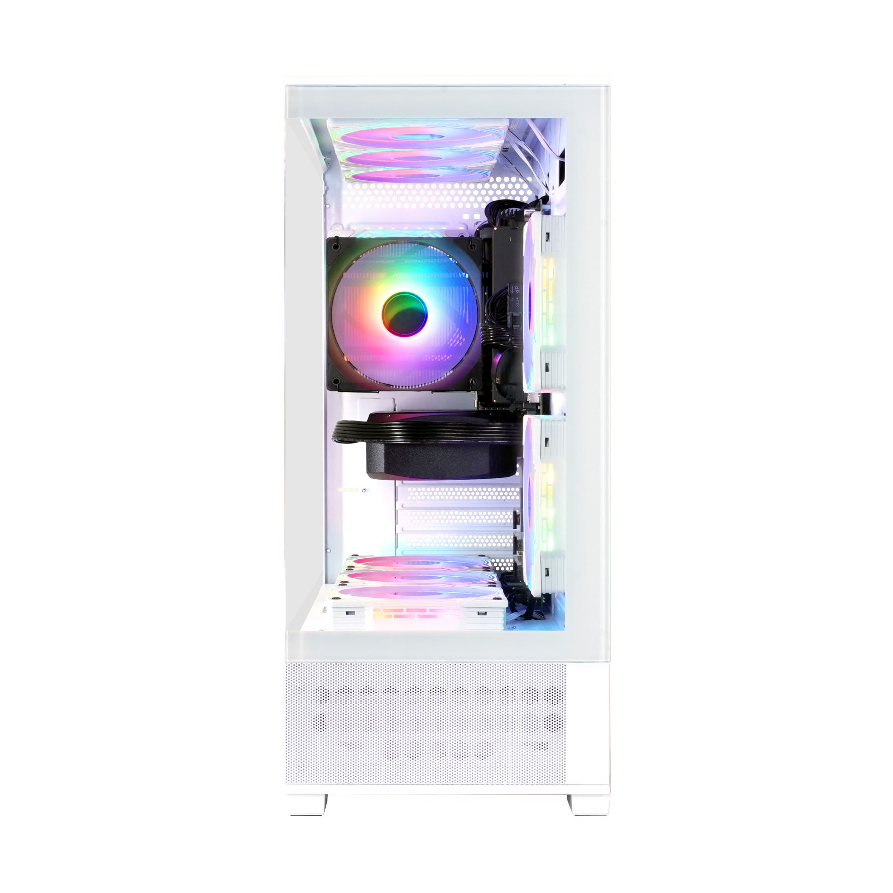 Weißes Computergehäuse mit sichtbaren Komponenten: Lüfter mit RGB-Beleuchtung, CPU-Kühler und andere Innenteile.