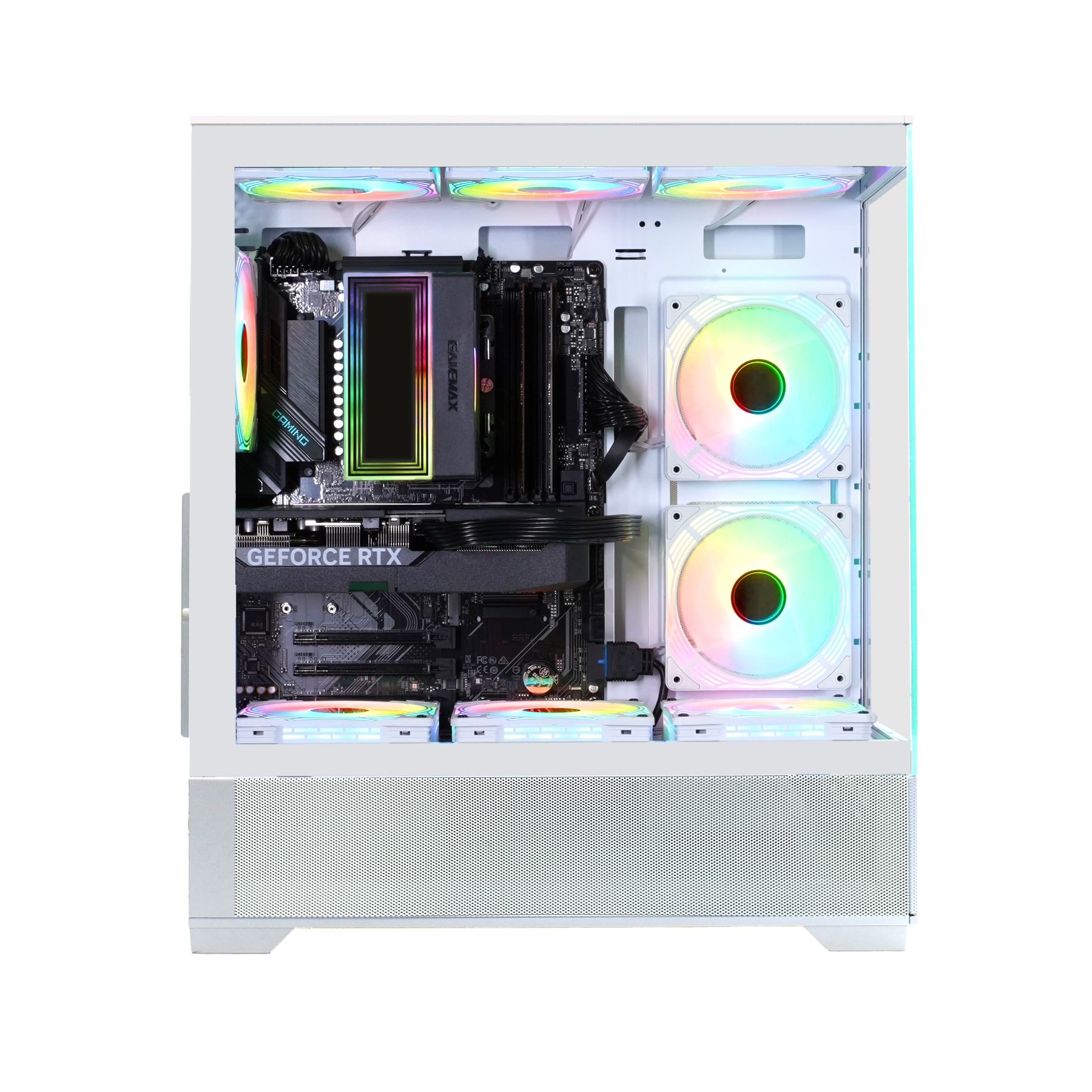 Weißes Computergehäuse innen mit Komponenten: Mainboard, CPU-Kühler, Lüfter mit RGB und Grafikkarte.