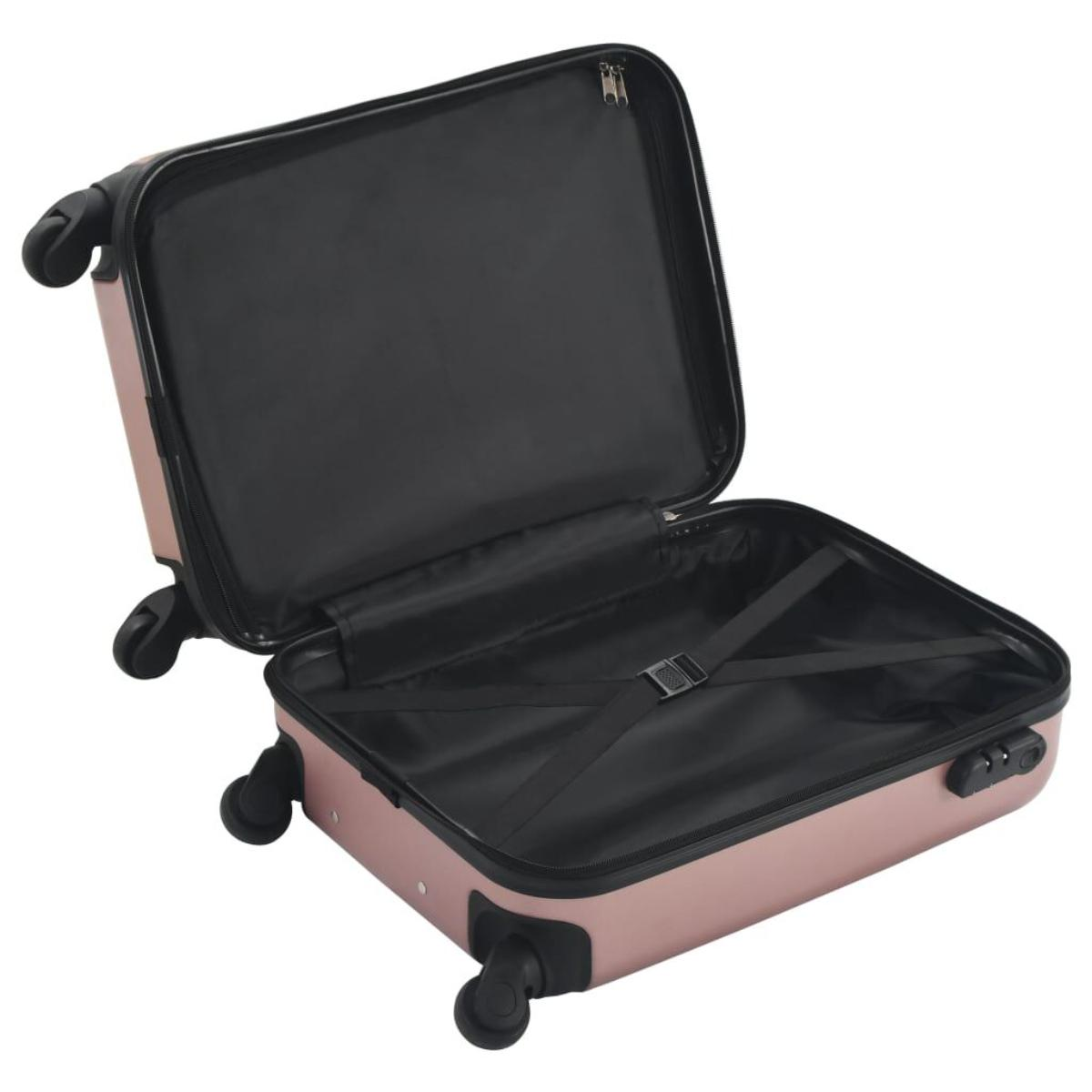 Rosa Kofferinnenraum geöffnet, zeigt Gurte und eine Tasche. Der Koffer steht auf Rädern und hat schwarzen Rand.