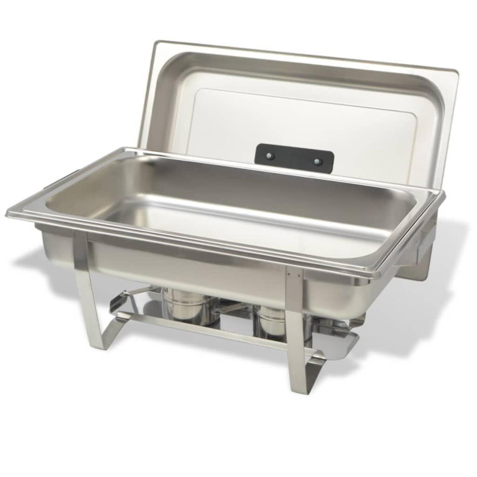Edelstahl-Chafing-Dish mit Deckel, zwei Brennstoffhaltern und einem Ständer.